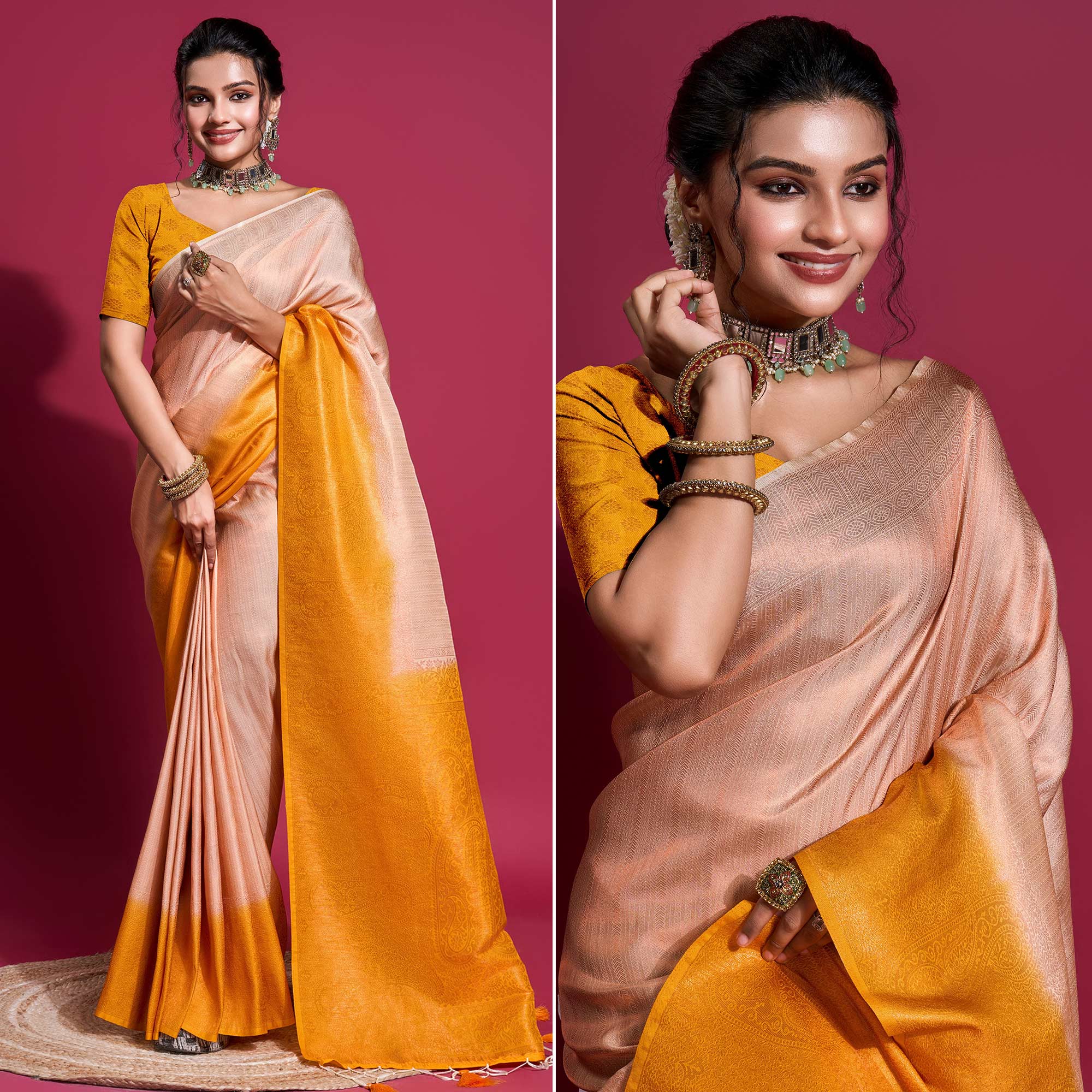 Peach & Yellow Woven Kanjivaram Silk Saree With Tassels