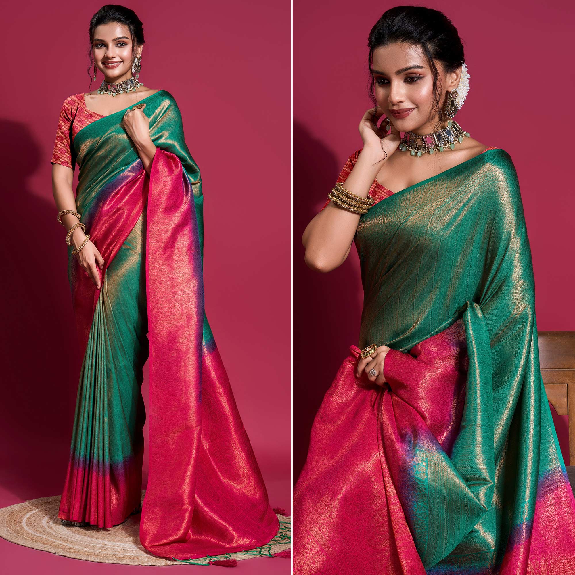 Green & Pink Woven Kanjivaram Silk Saree With Tassels