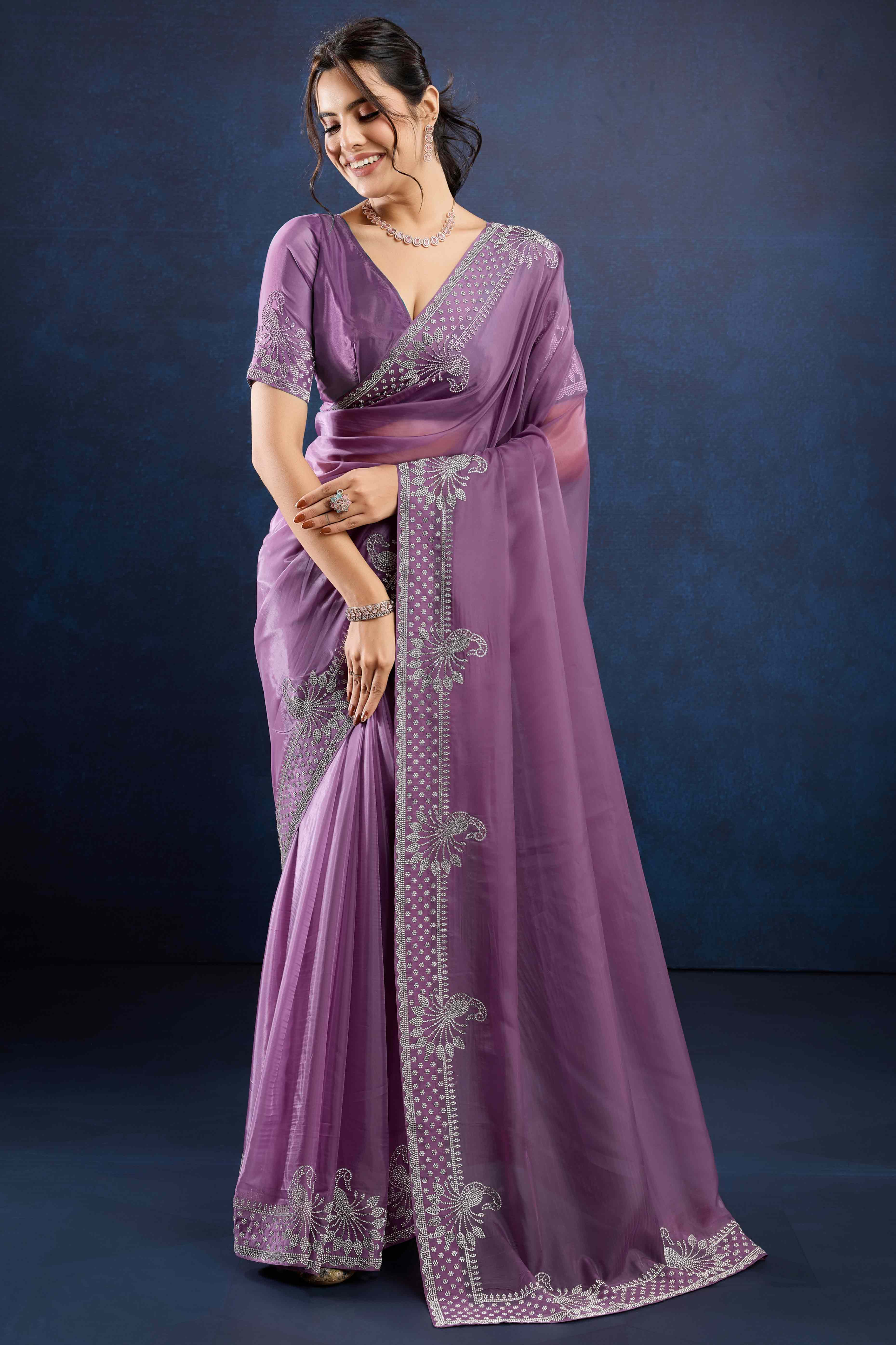 Lavender Zarkan Diamond Work Tissue Silk Saree