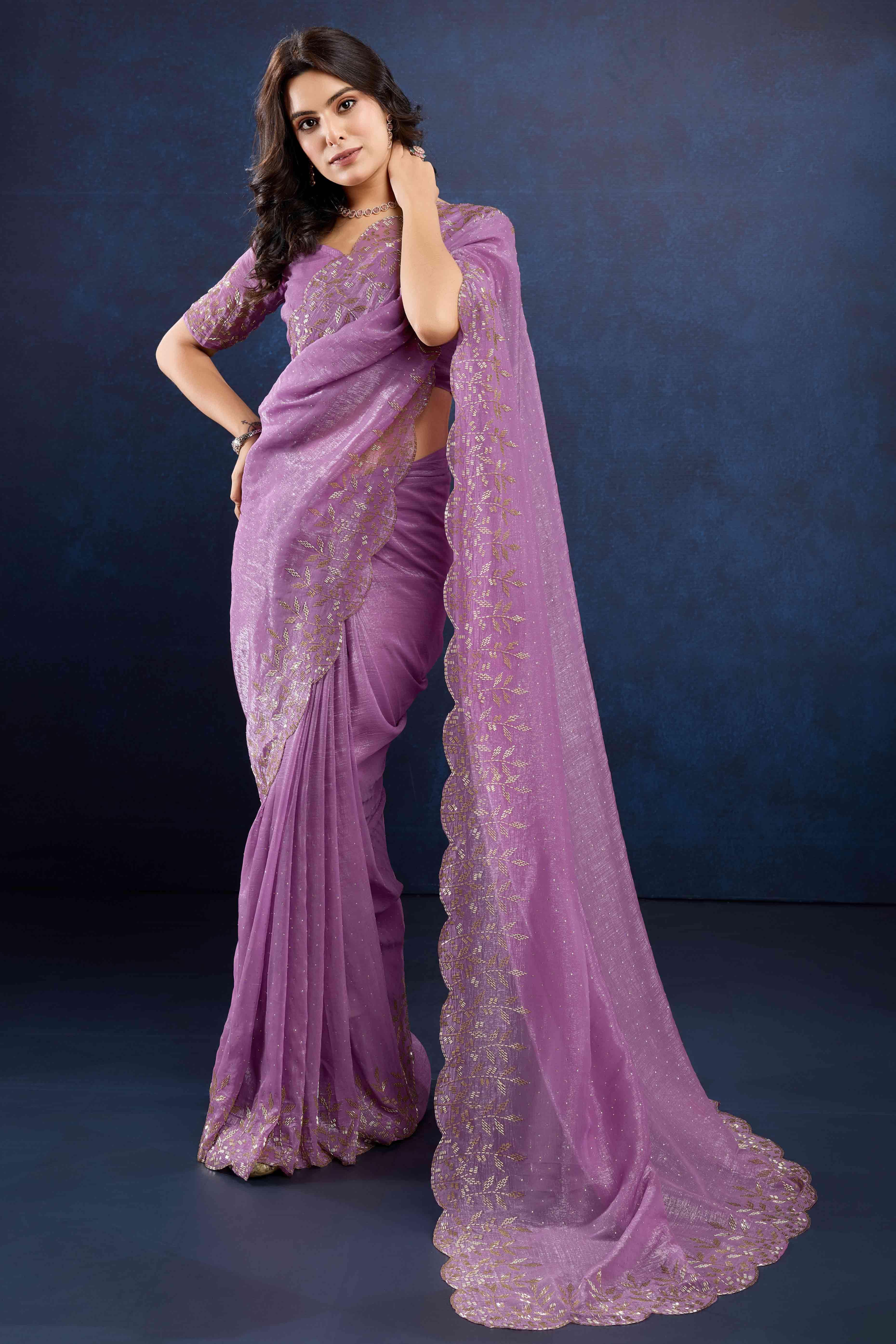Lavender Floral Handwork Crush Silk Fancy Fabric Saree