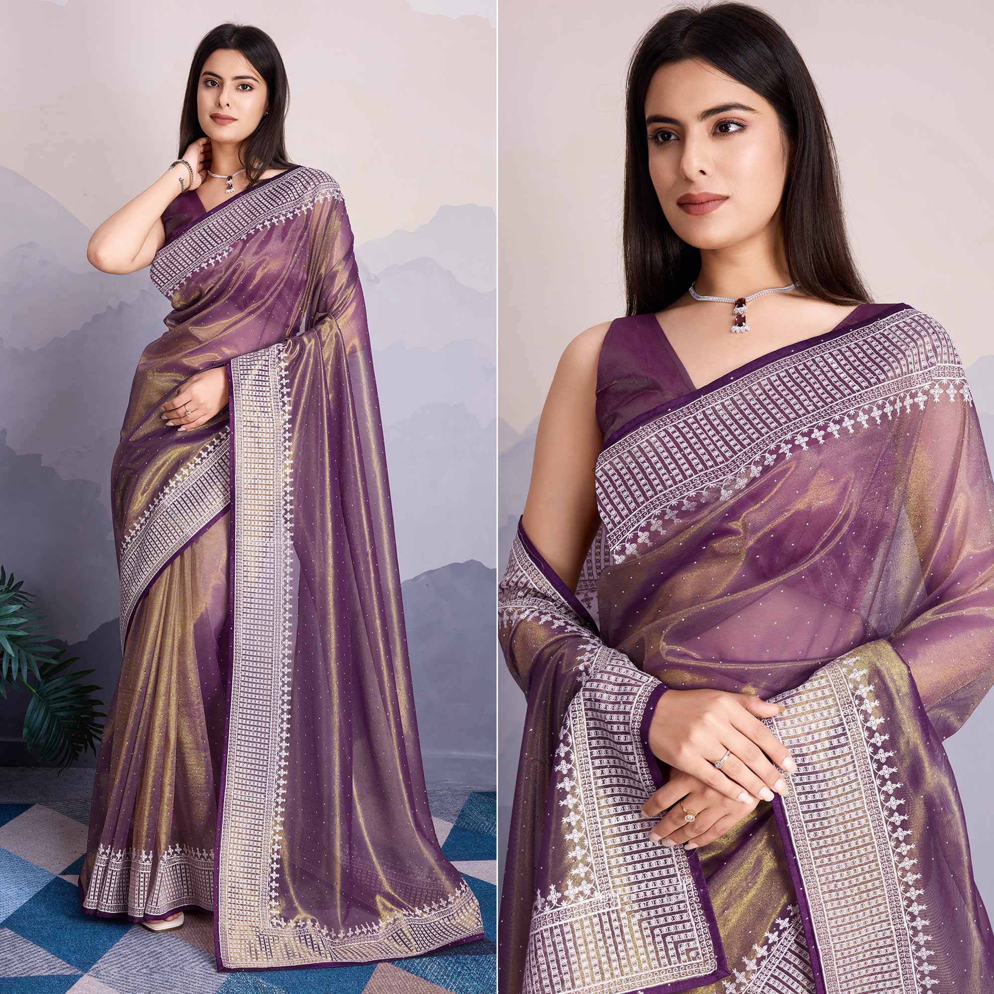 Purple Swarovski Work Embroidered Net Saree