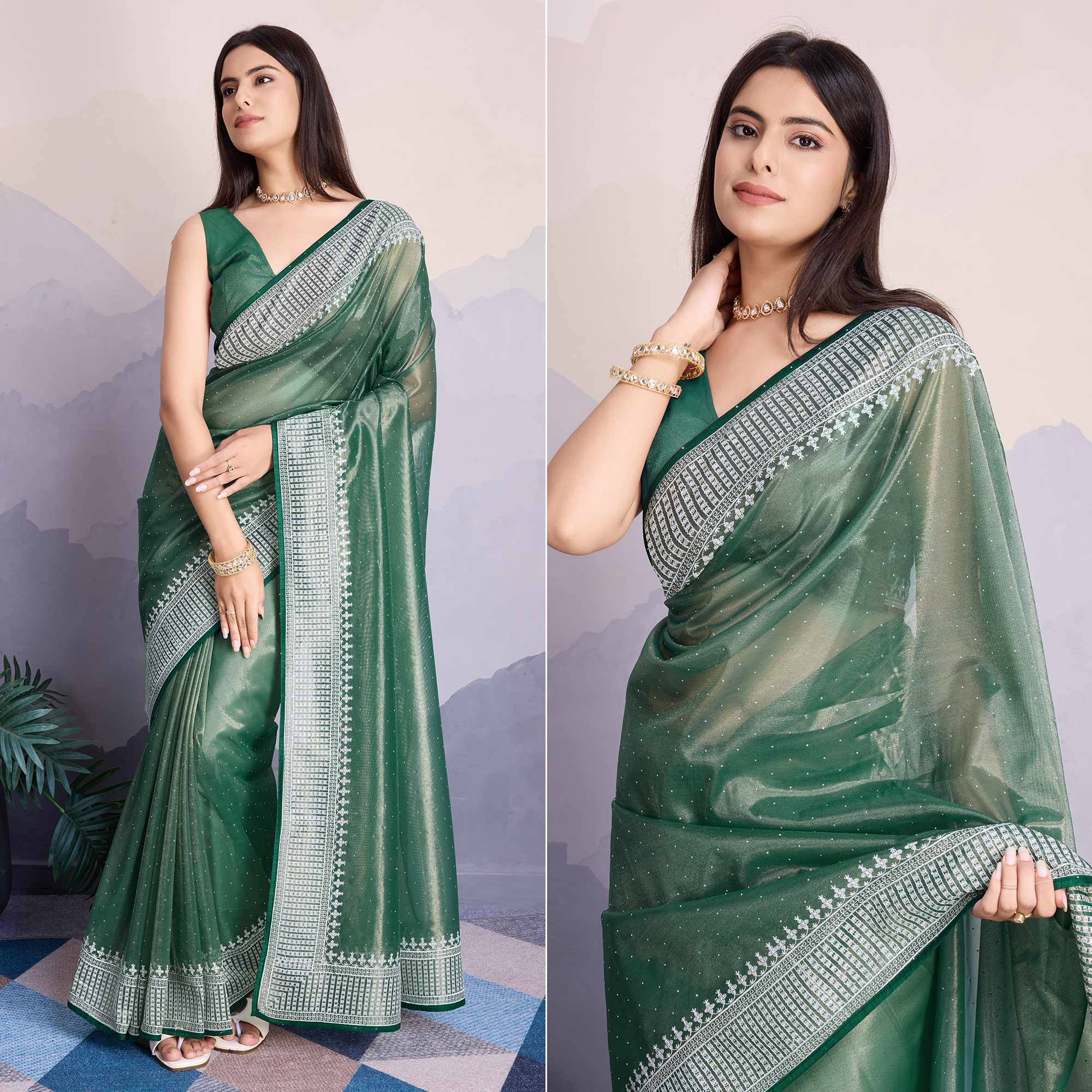 Green Swarovski Work Embroidered Net Saree