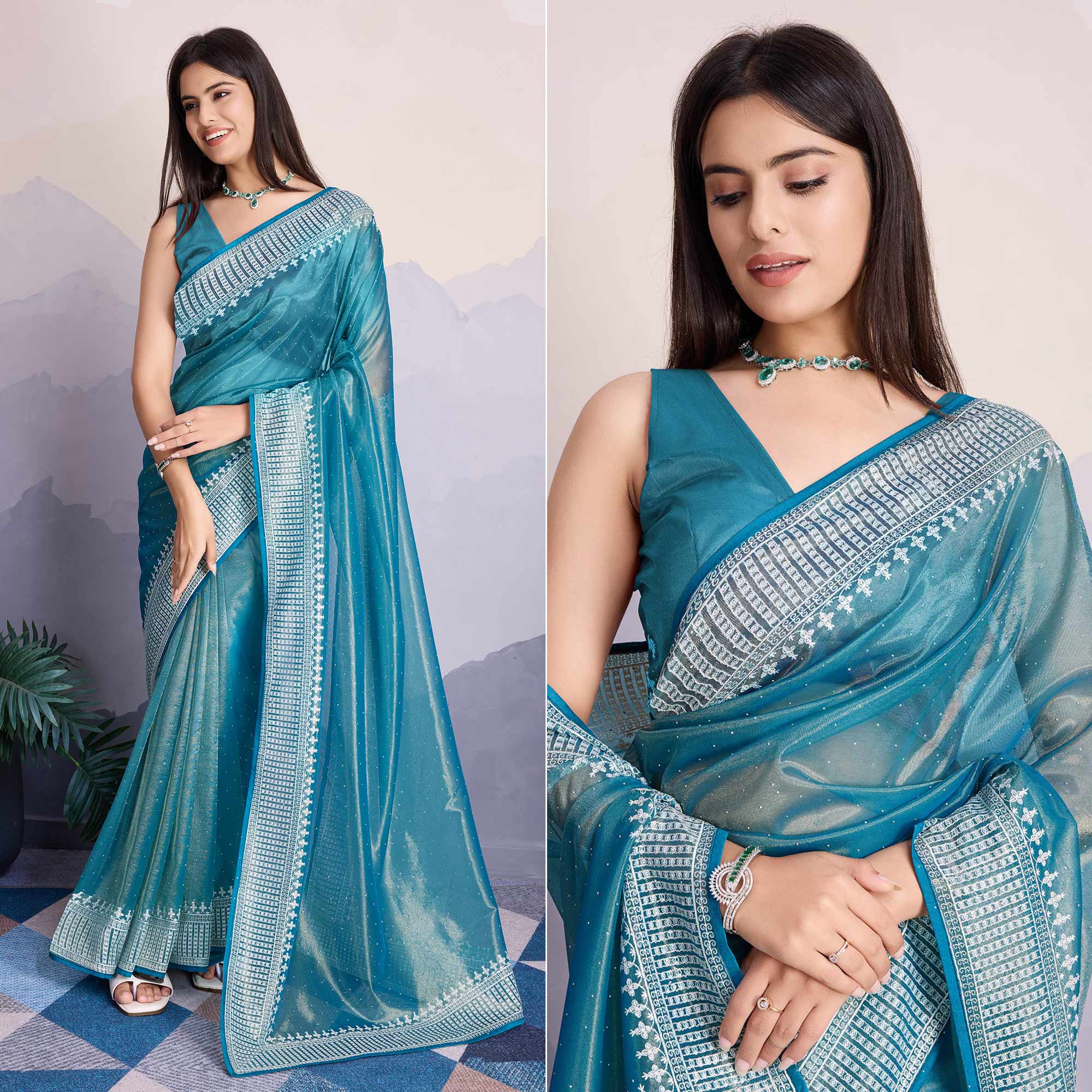 Blue Swarovski Work Embroidered Net Saree