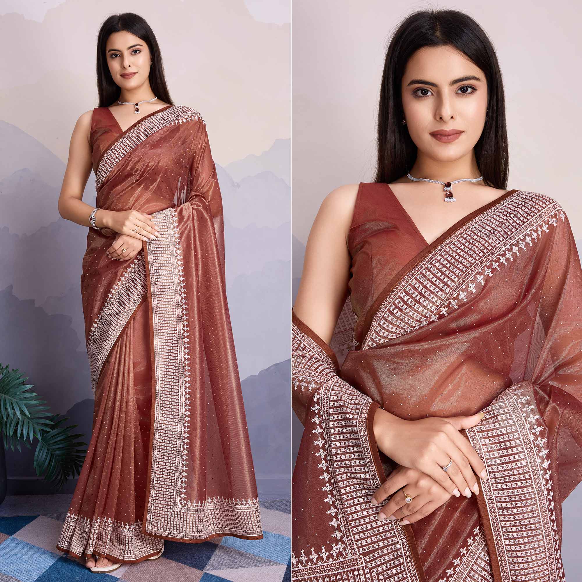 Brown Swarovski Work Embroidered Net Saree