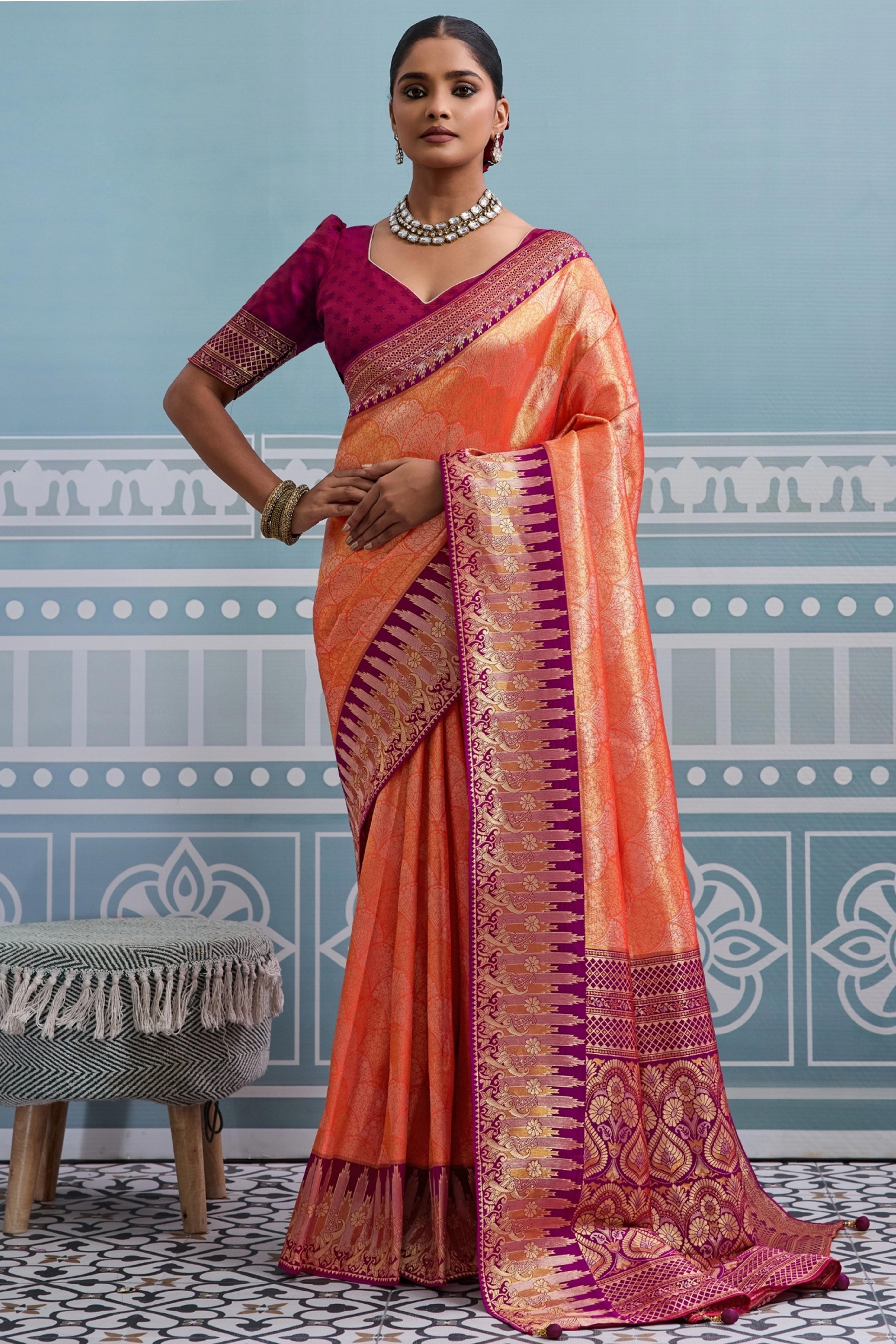 Orange Soft Kanjivaram Silk Saree with Classic Zari Weaving for Elegant Styling