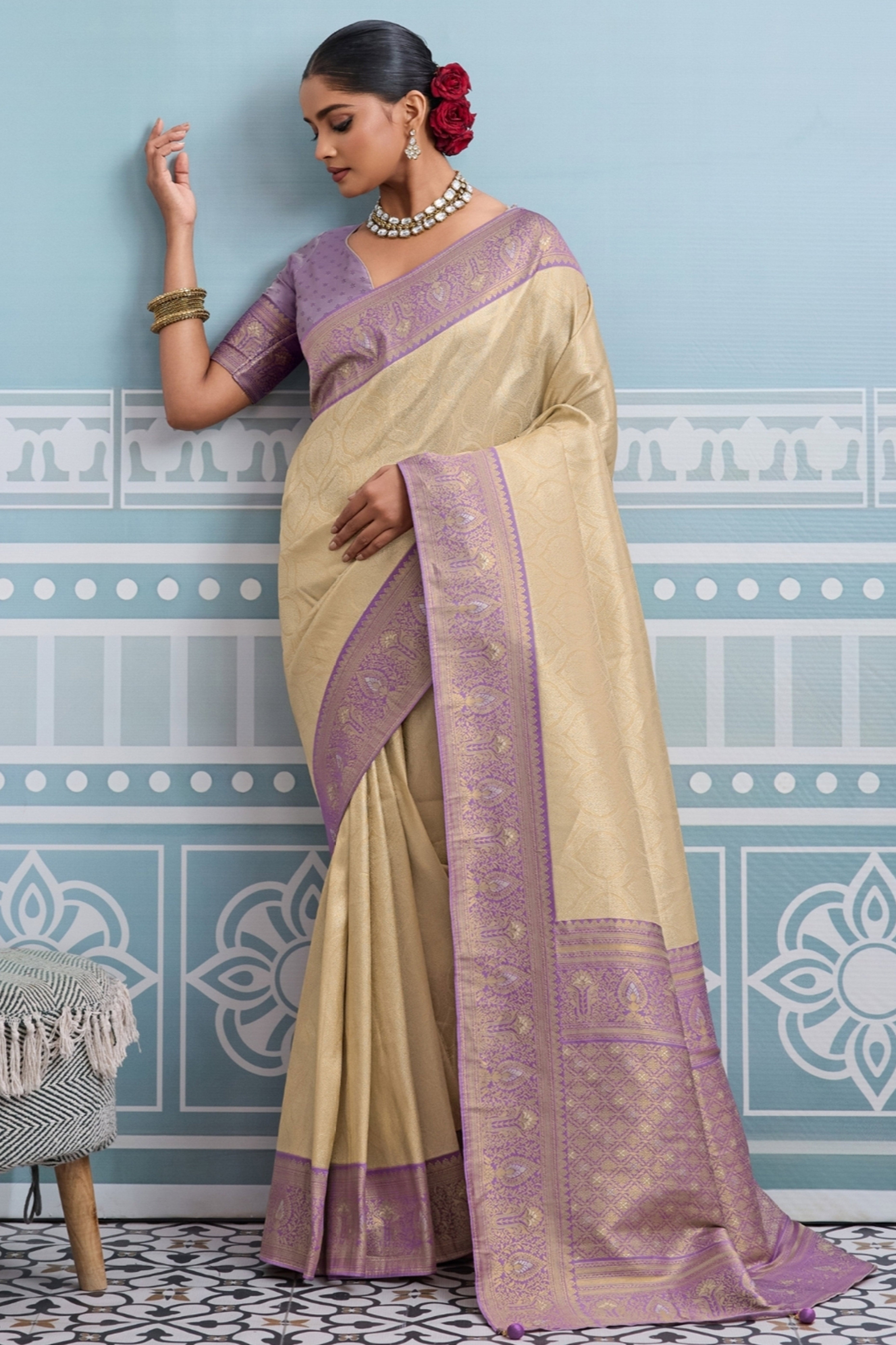Beige Soft Kanjivaram Silk Saree with Classic Zari Weaving for Elegant Styling