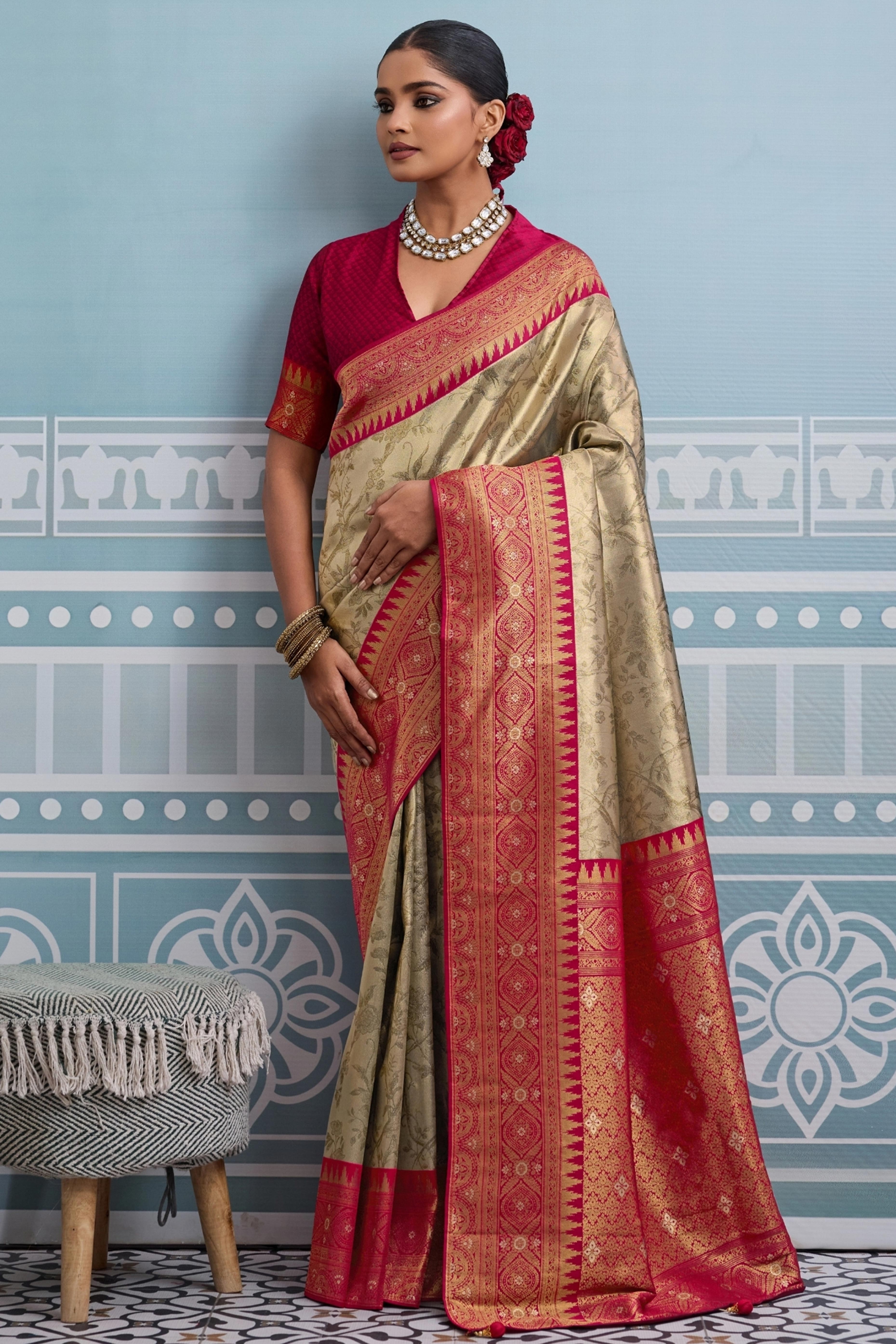Beige Zari Woven Soft Kanjivaram Silk Saree for Traditional and Special Occasions
