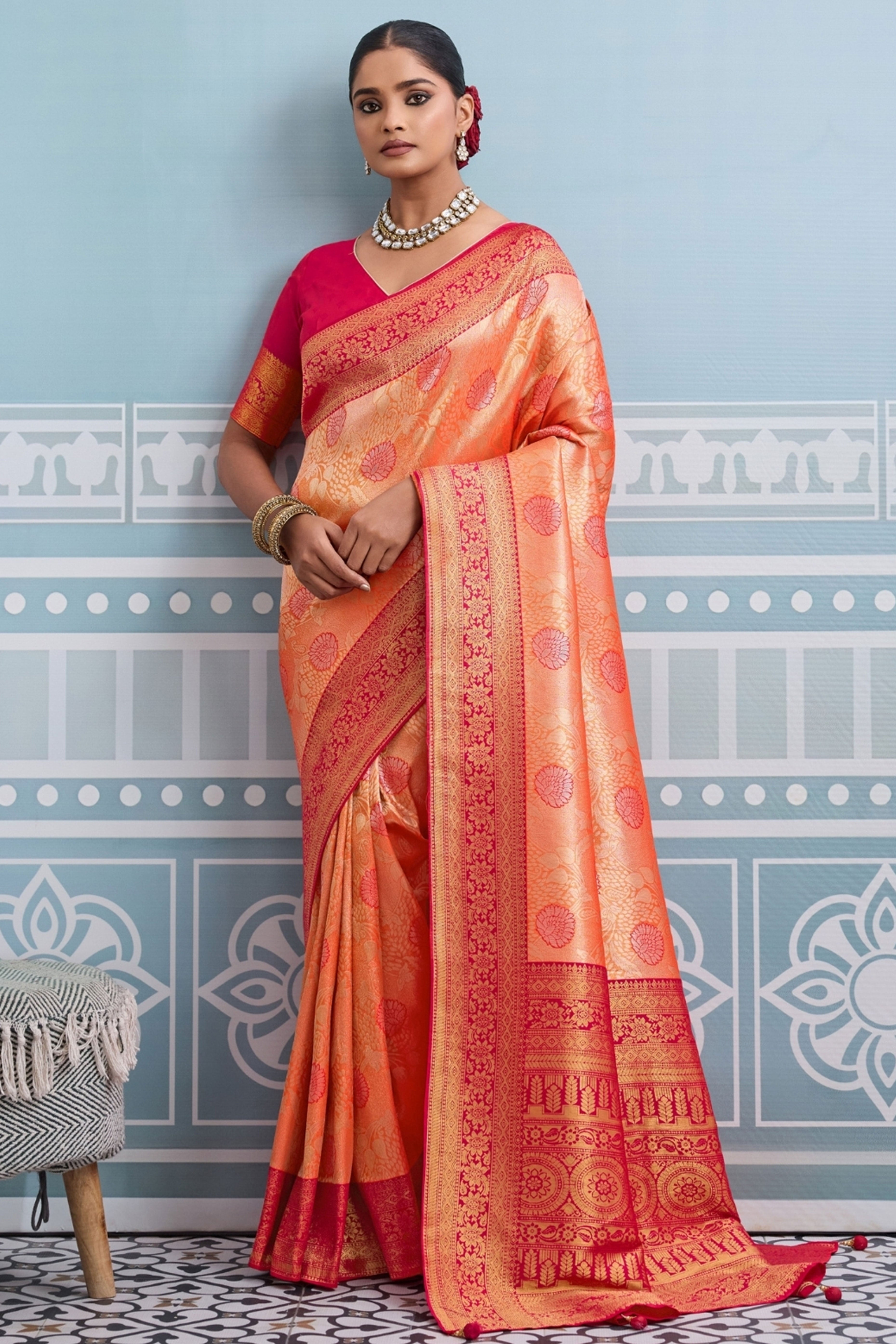 Orange Soft Kanjivaram Silk Saree with Exquisite Zari Weaving