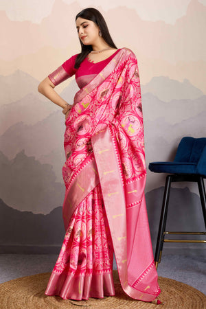 Pink Digital Printed Dola Silk Saree With Exquisite Weaving Zari Border & Opulent Pallu