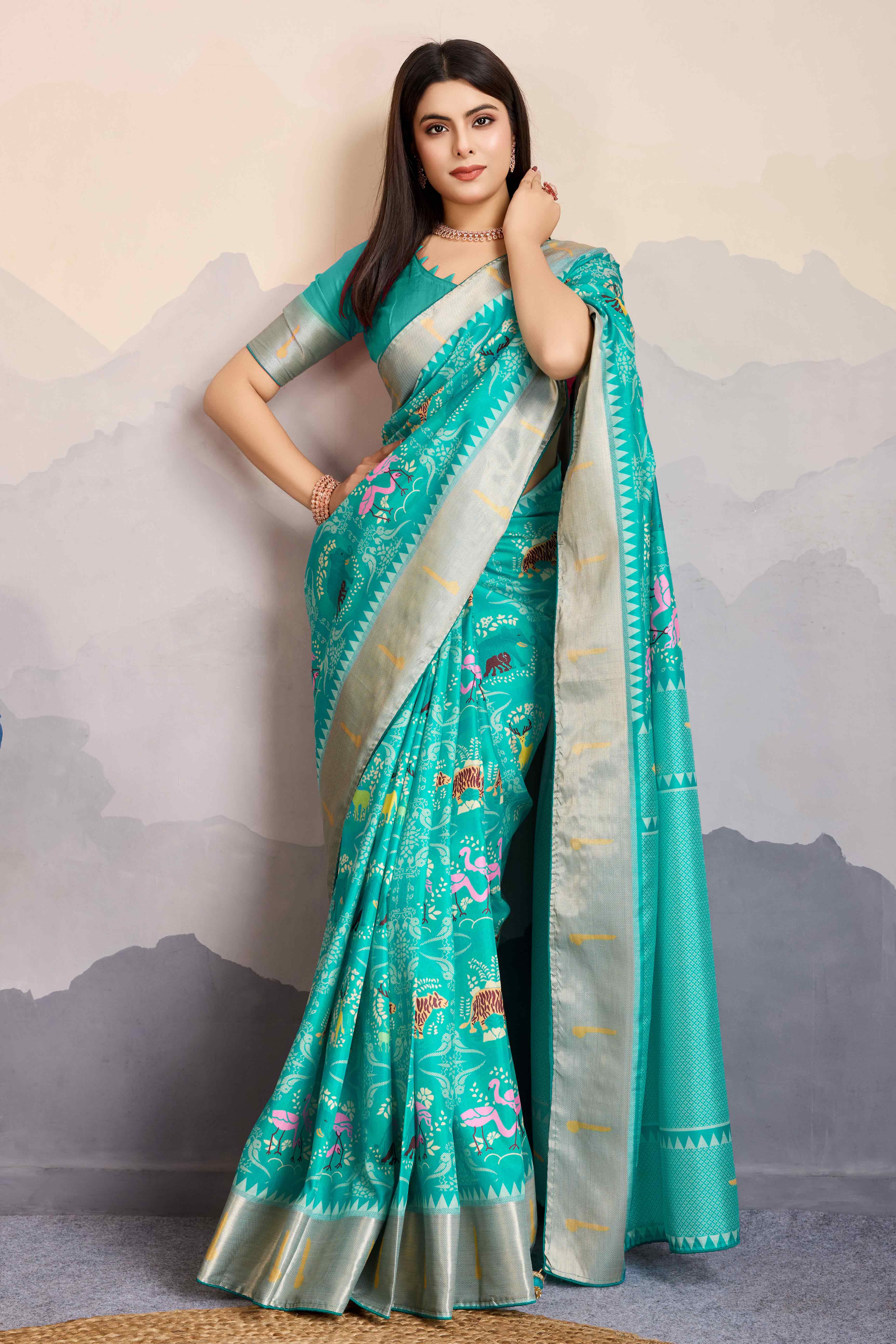 Turquoise Digital Printed Dola Silk Saree With Exquisite Weaving Zari Border & Opulent Pallu