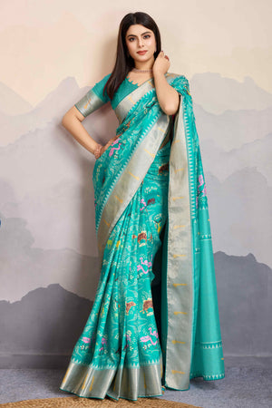 Turquoise Digital Printed Dola Silk Saree With Exquisite Weaving Zari Border & Opulent Pallu
