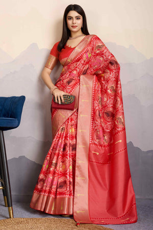 Red Digital Printed Dola Silk Saree With Exquisite Weaving Zari Border & Opulent Pallu