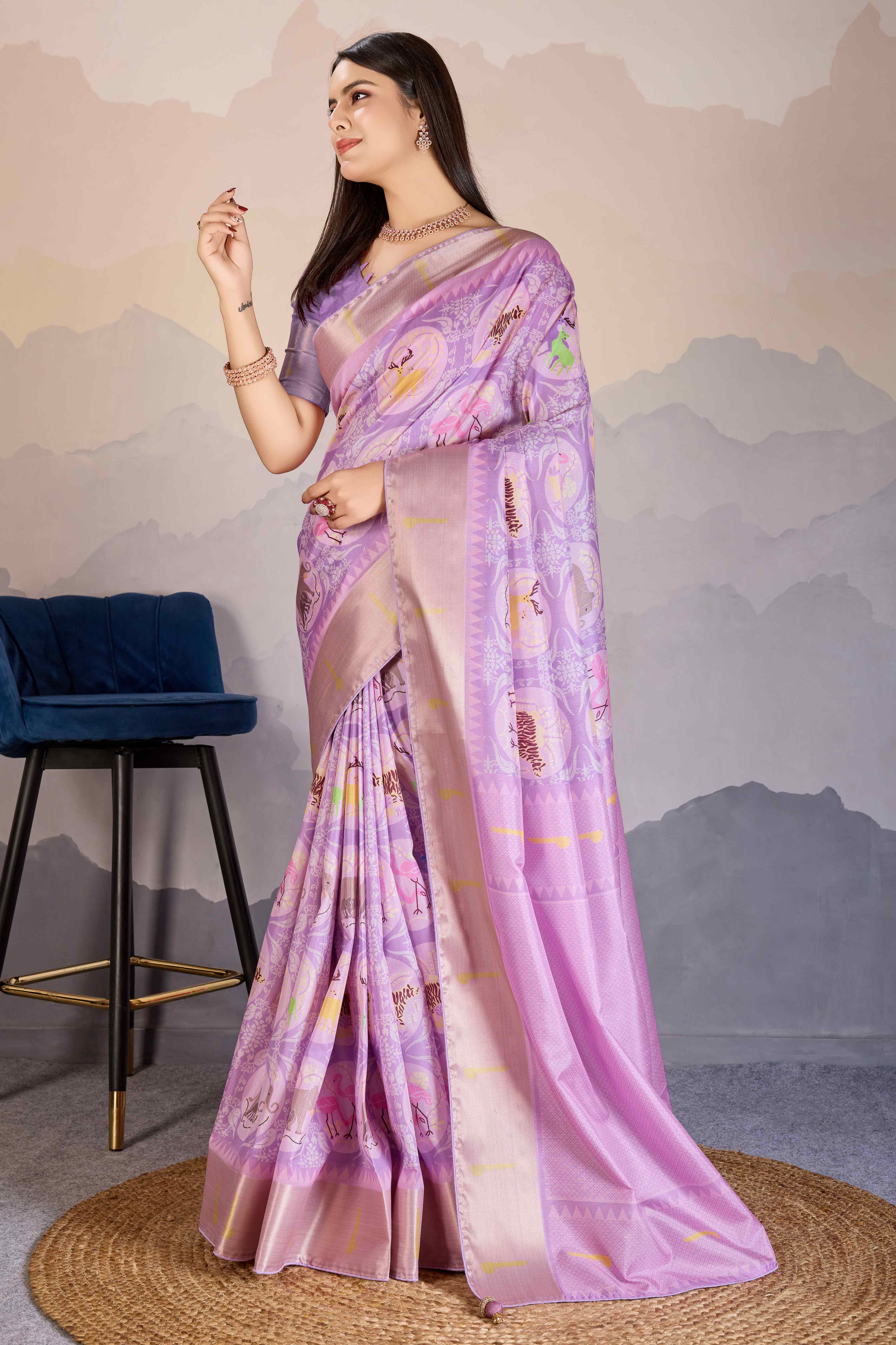 Lavender Digital Printed Dola Silk Saree With Exquisite Weaving Zari Border & Opulent Pallu