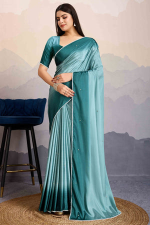 Sea Green Ombre Satin Saree with Delicate Bead Embellishments