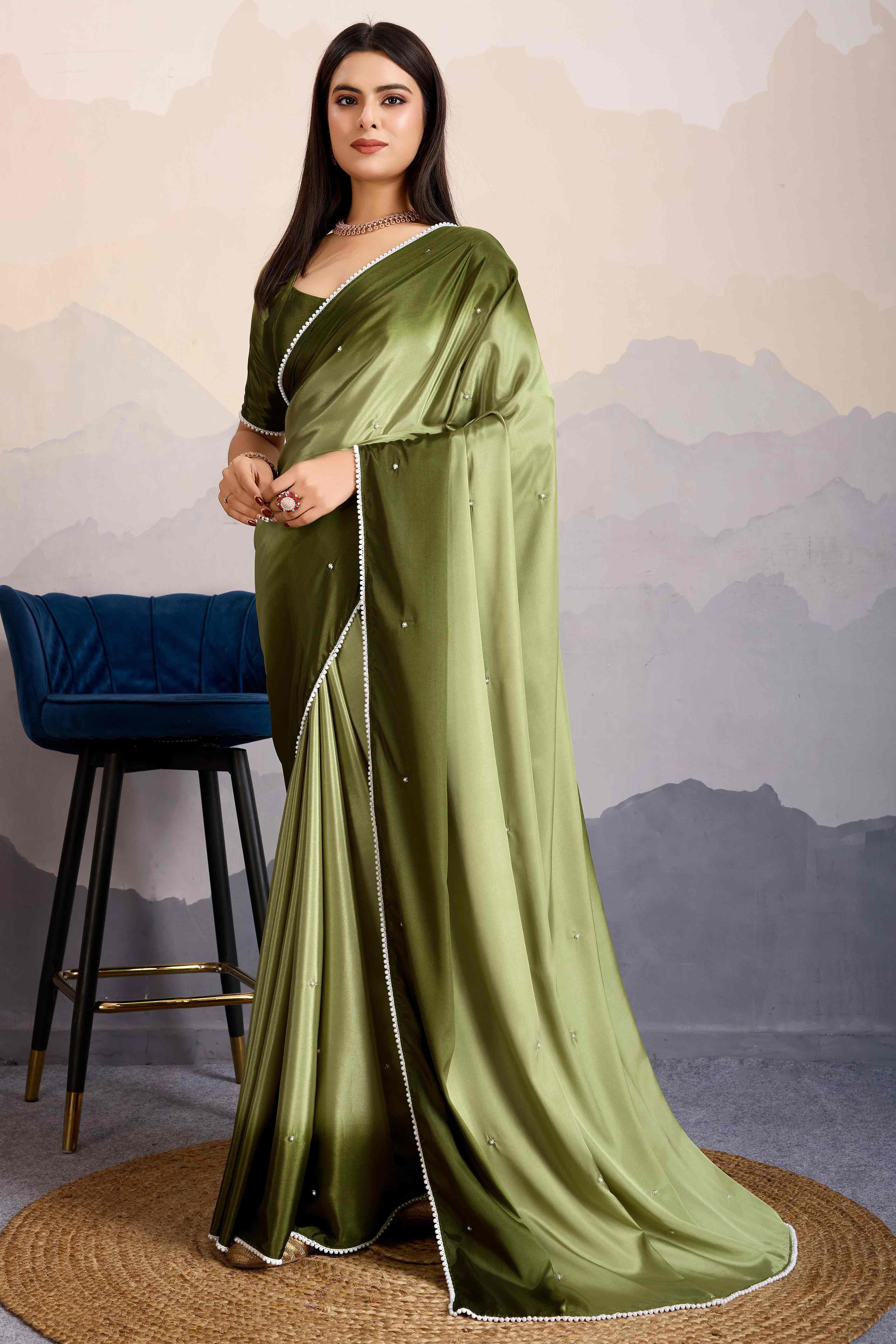 Green Ombre Satin Saree with Delicate Bead Embellishments