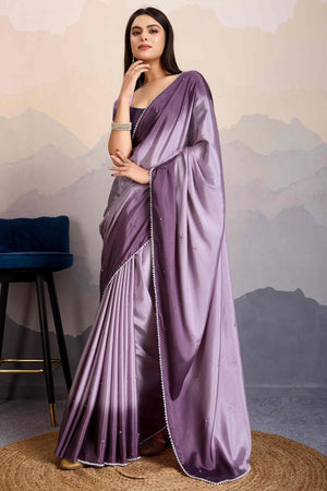 Purple Ombre Satin Saree with Delicate Bead Embellishments