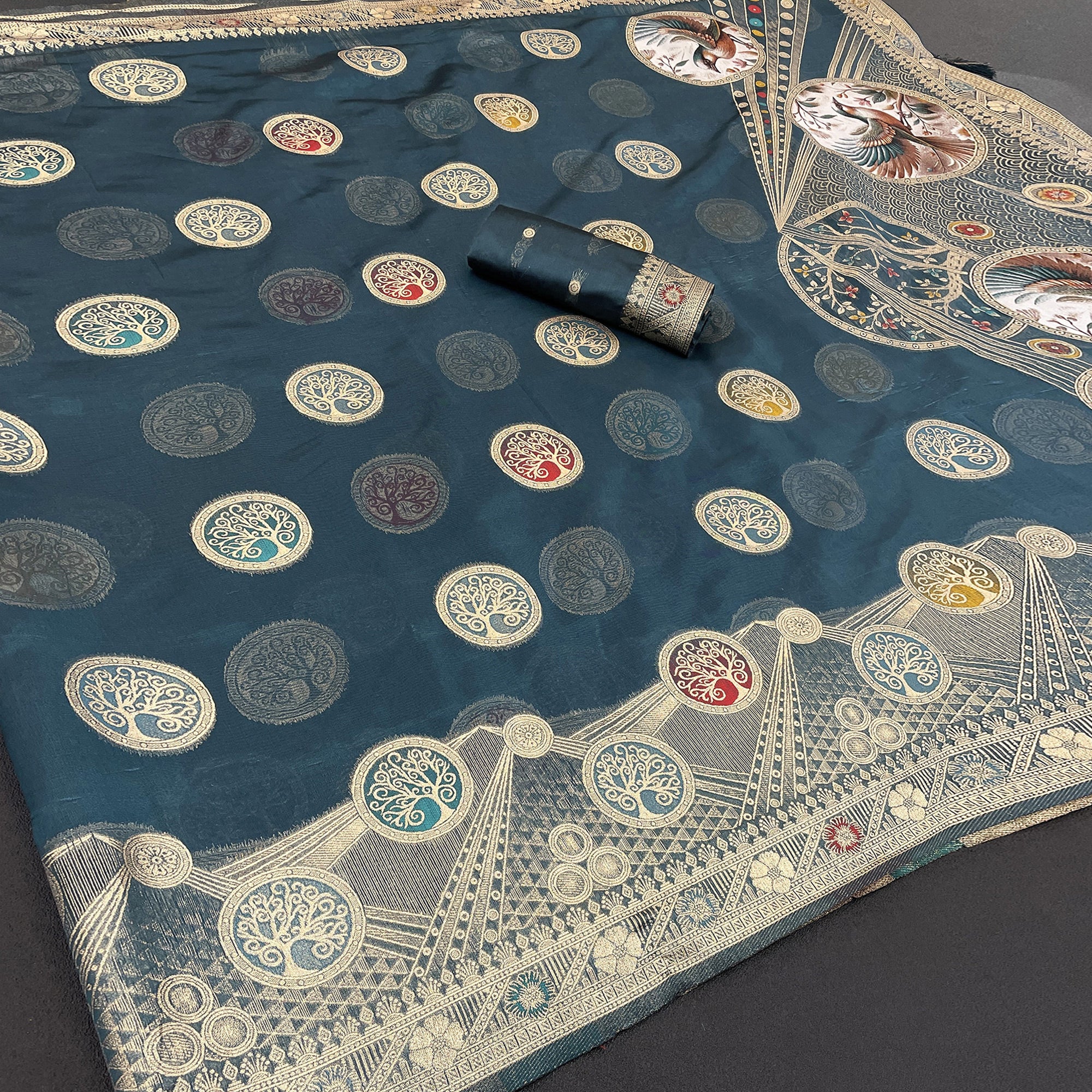 Charming Morpich Blue Zari Woven Floral Organza Saree Accented With Digital Printed Pallu & Latkan