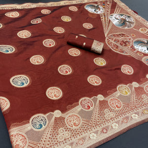 Charming Maroon Zari Woven Floral Organza Saree Accented With Digital Printed Pallu & Latkan