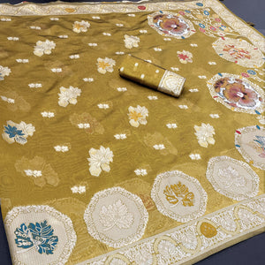 Charming Mehendi Green Zari Woven Floral Organza Saree Accented With Digital Printed Pallu & Latkan