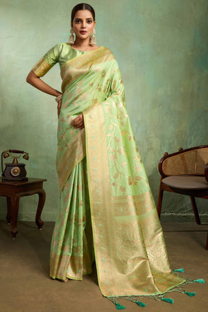 Pista Green Dual Tone Banarasi Silk Saree Accented with Meenakari Weaves