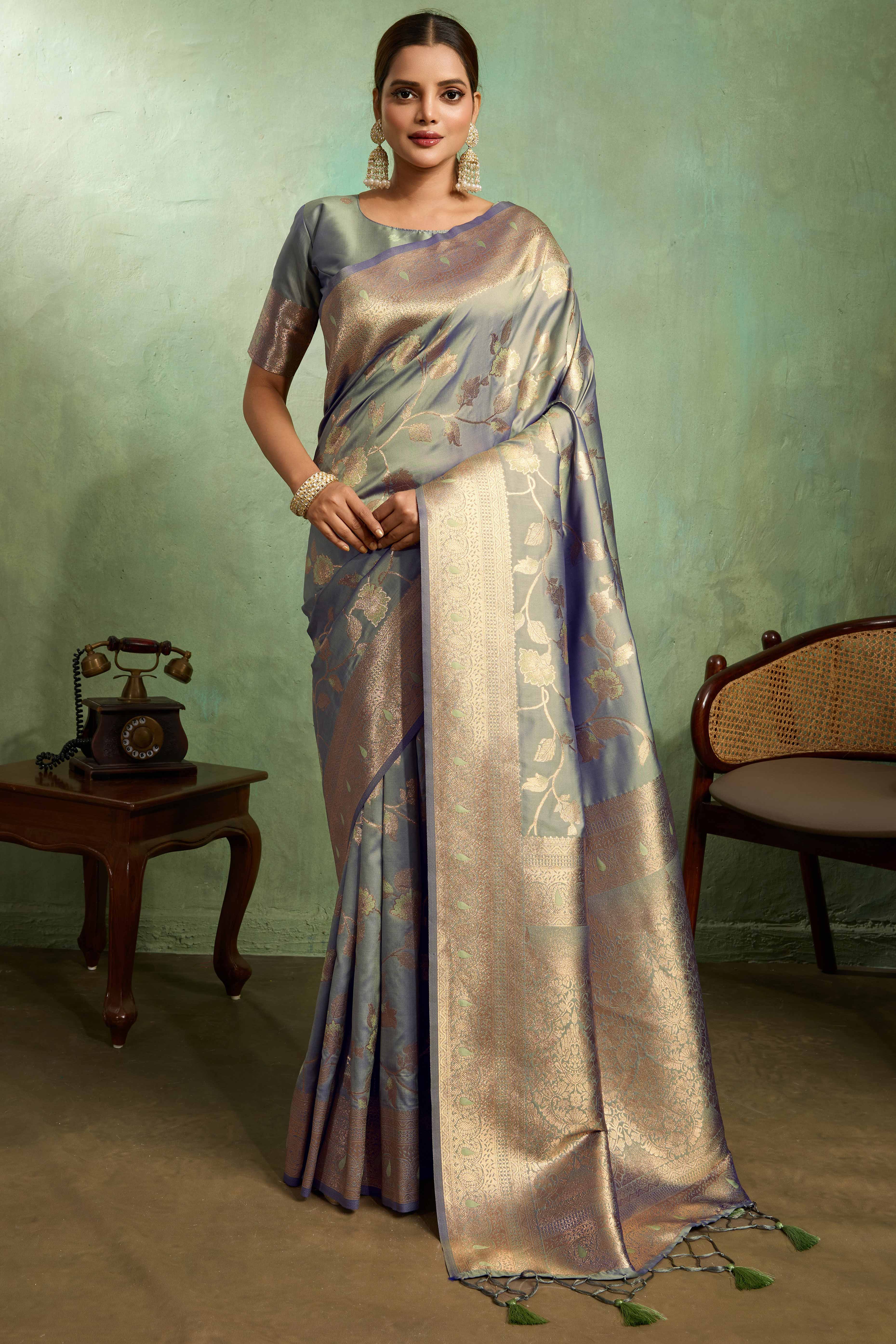 Blue Dual Tone Banarasi Silk Saree Accented with Meenakari Weaves