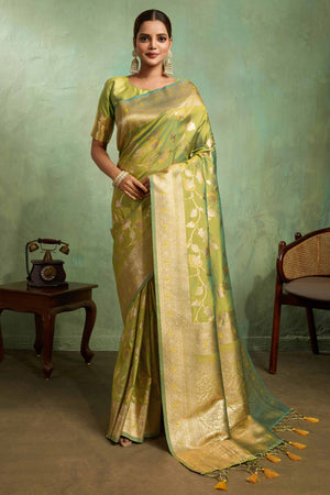 Green Dual Tone Banarasi Silk Saree Accented with Meenakari Weaves