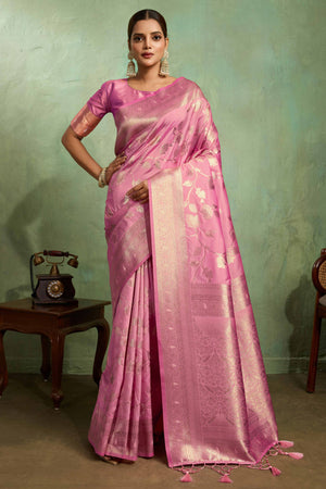 Pink Dual Tone Banarasi Silk Saree Accented with Meenakari Weaves