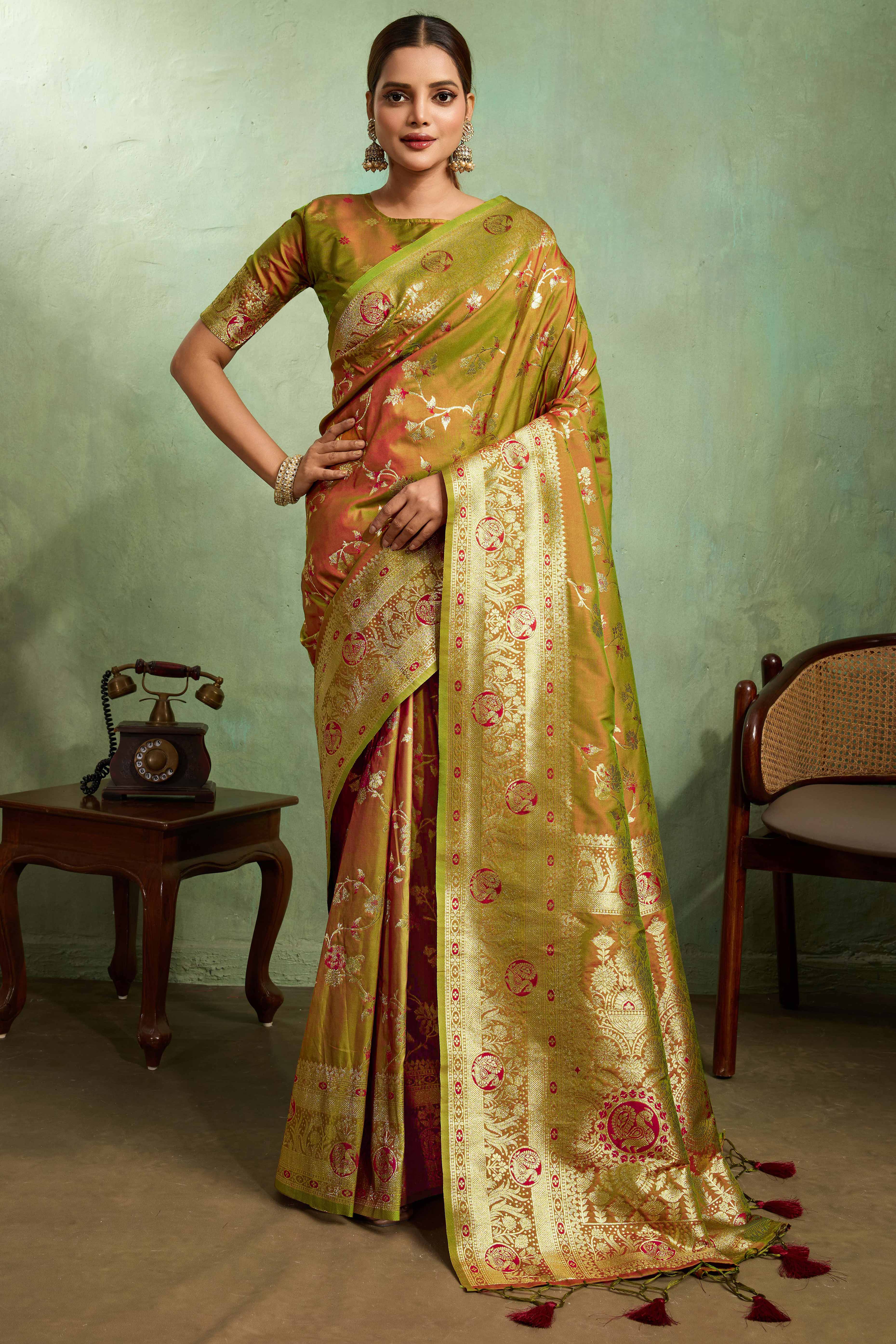 Olive Dual Tone Banarasi Silk Saree Accented with Meenakari Weaves