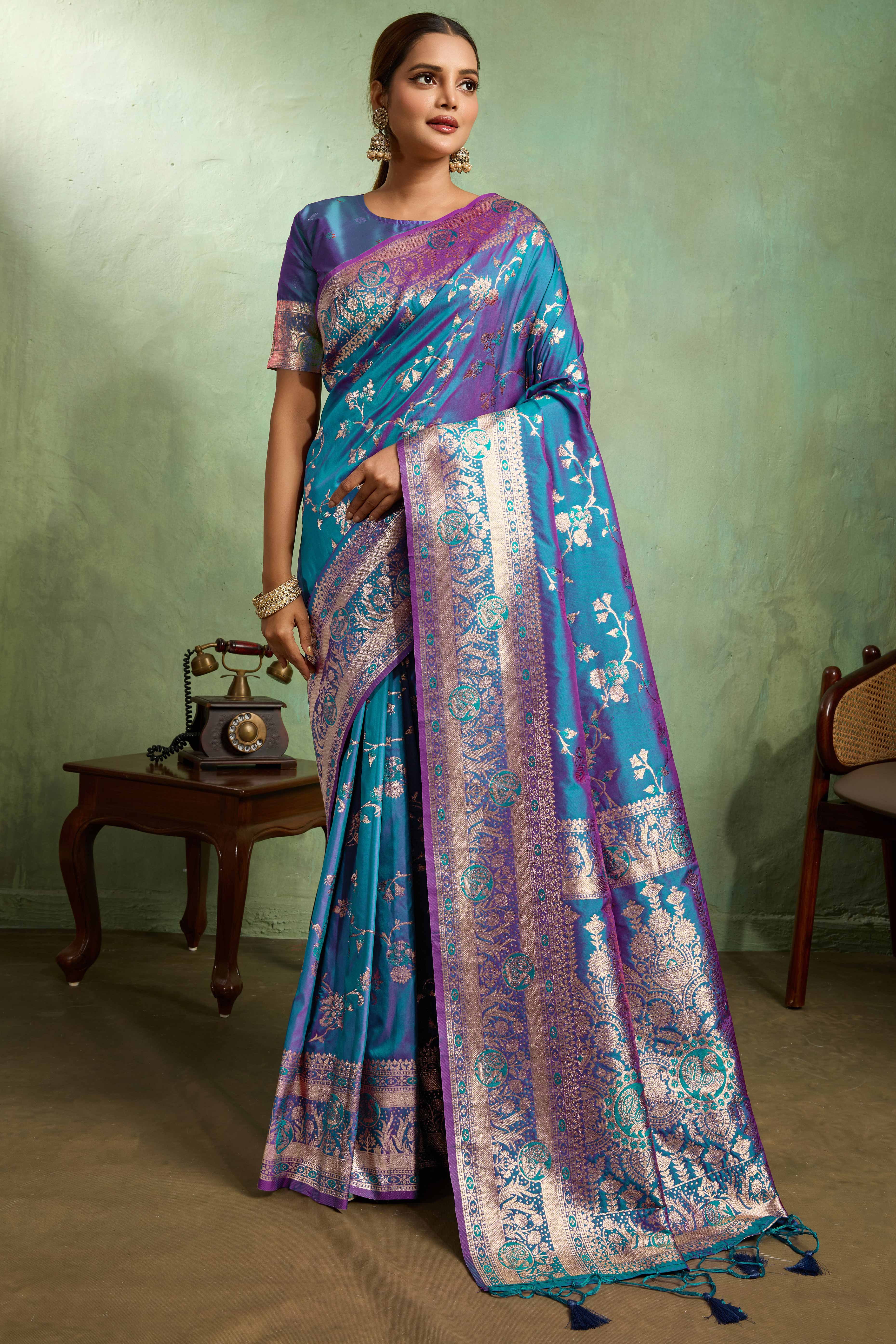 Teal Dual Tone Banarasi Silk Saree Accented with Meenakari Weaves