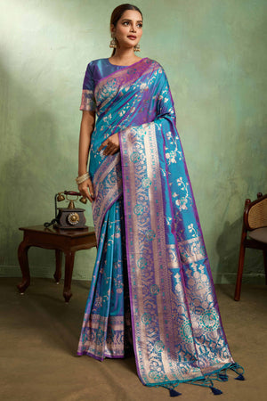 Teal Dual Tone Banarasi Silk Saree Accented with Meenakari Weaves