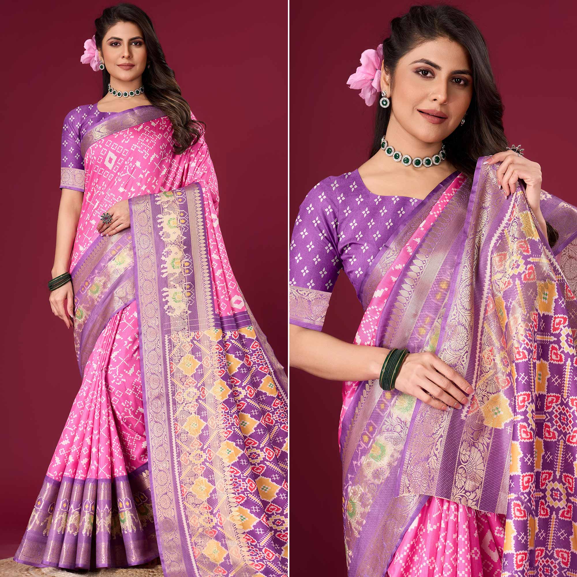 Pink & Purple Digital Patola Printed With Woven Border Dola Silk Saree