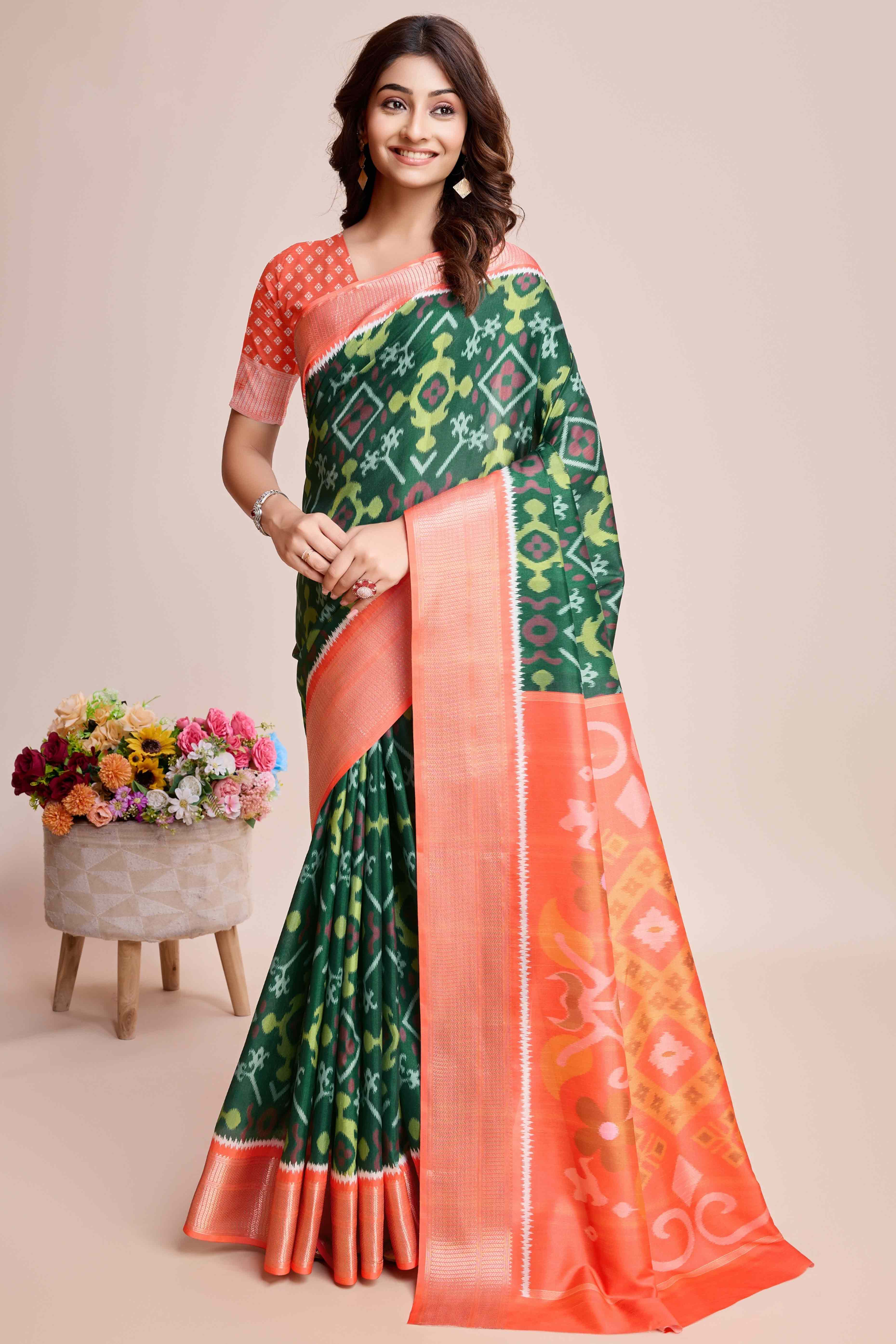 Green Patola Printed Dola Silk Saree