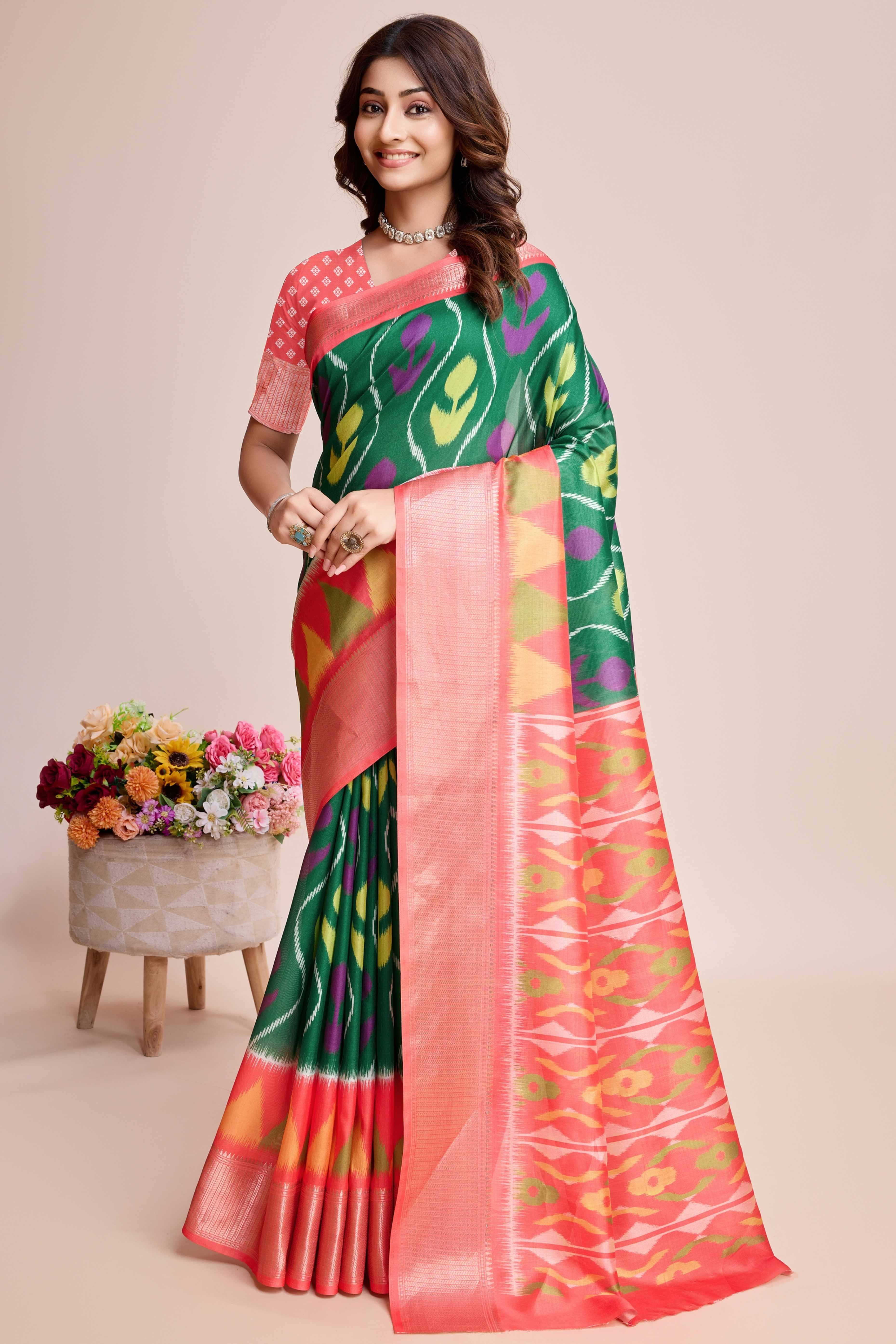 Green Patola Printed Dola Silk Saree