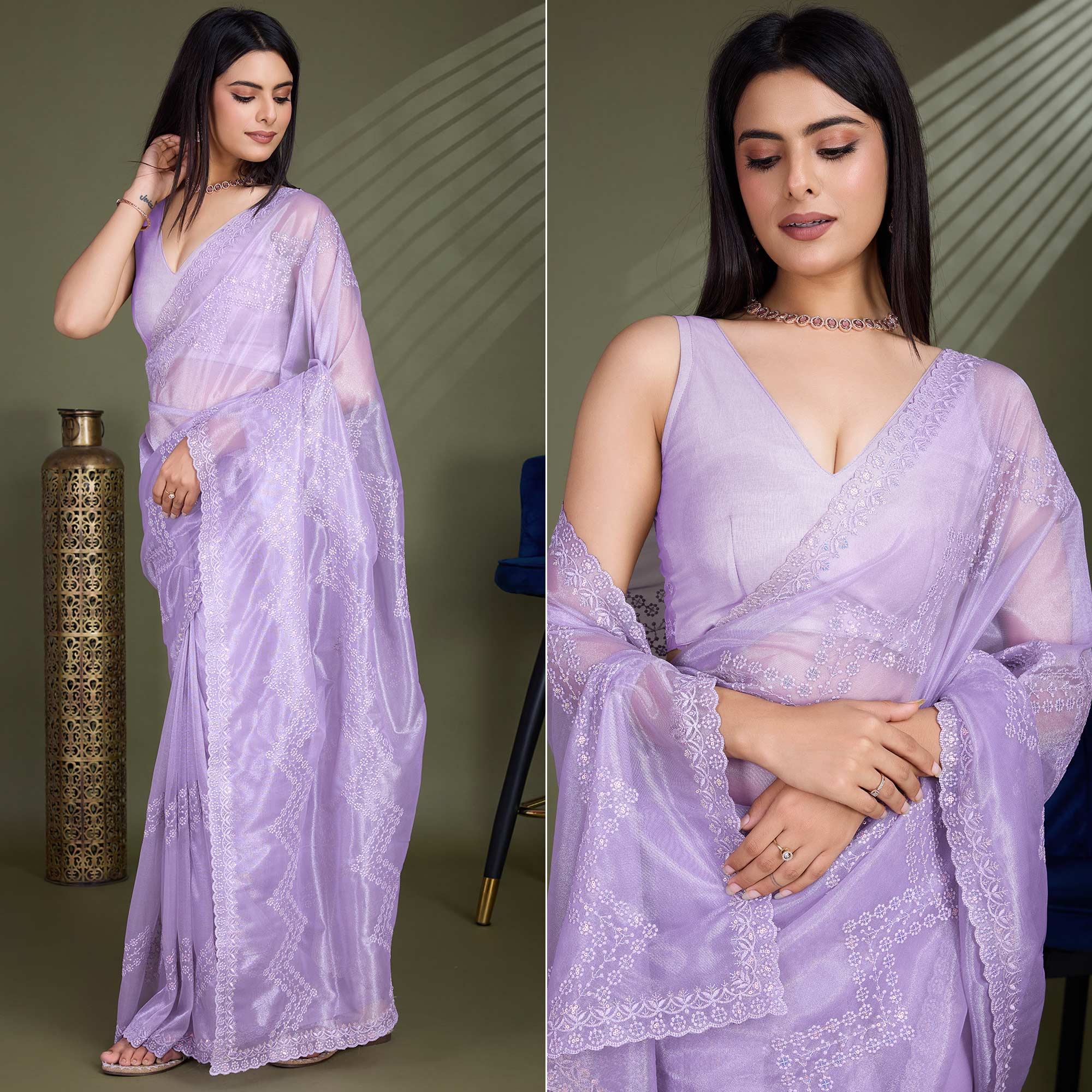 Lavender Sequins Embroidered Shimmer Net Saree