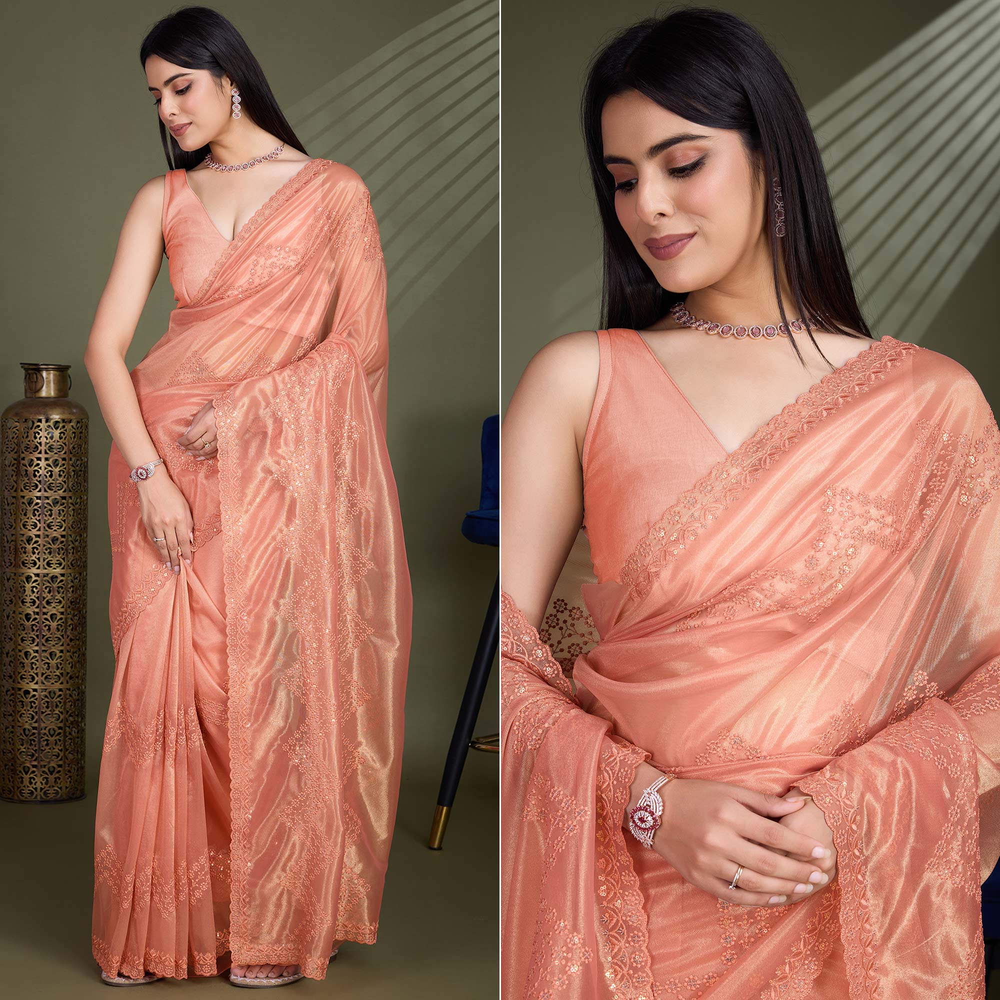 Peach Sequins Embroidered Shimmer Net Saree