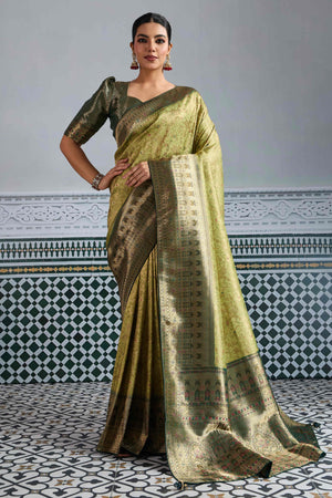 Pista Green Floral Meenakari Weaving Kanjivaram Silk Saree With Rich Piping & Tassel Pallu