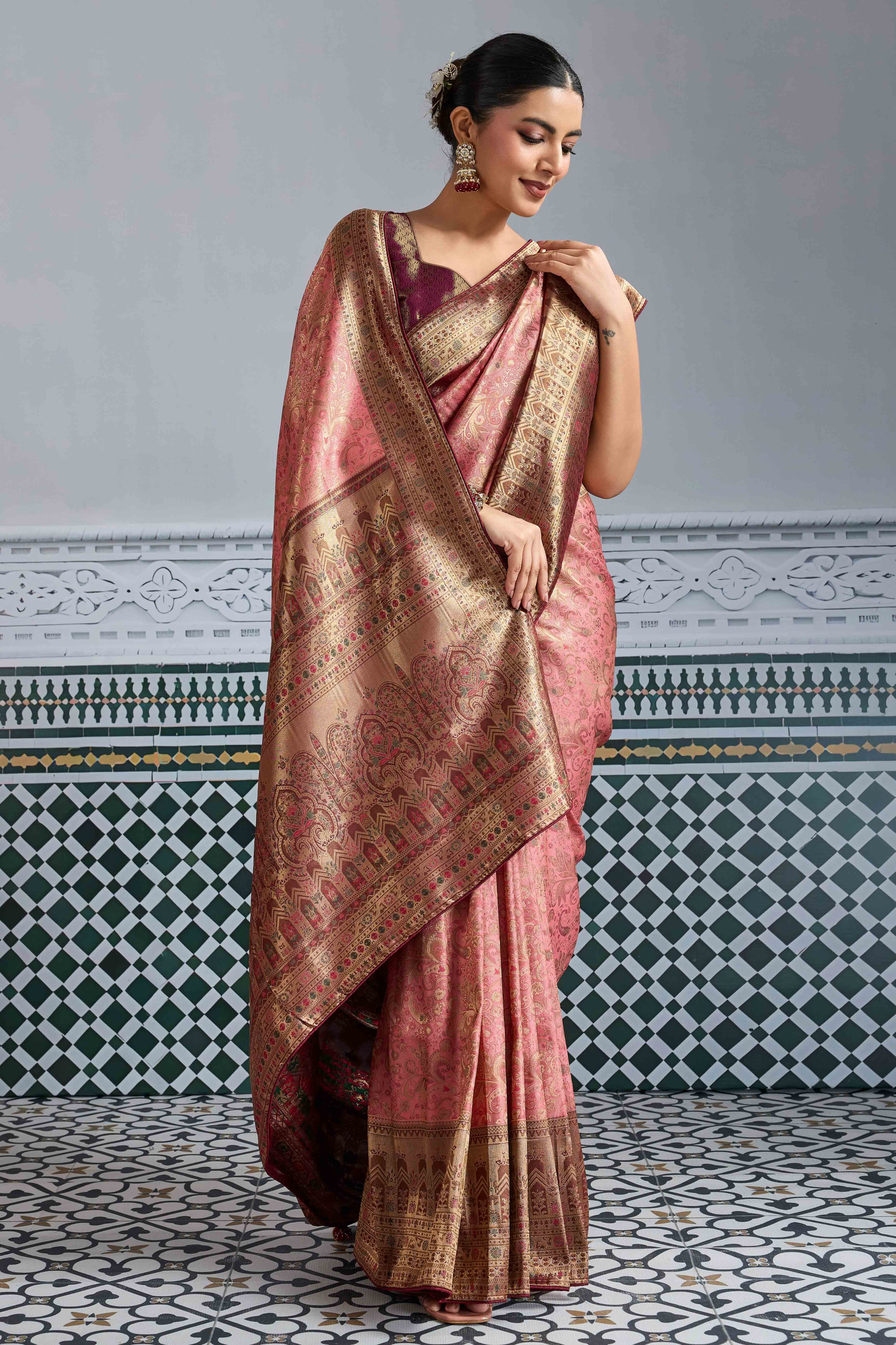 Pink Floral Meenakari Weaving Kanjivaram Silk Saree With Rich Piping & Tassel Pallu