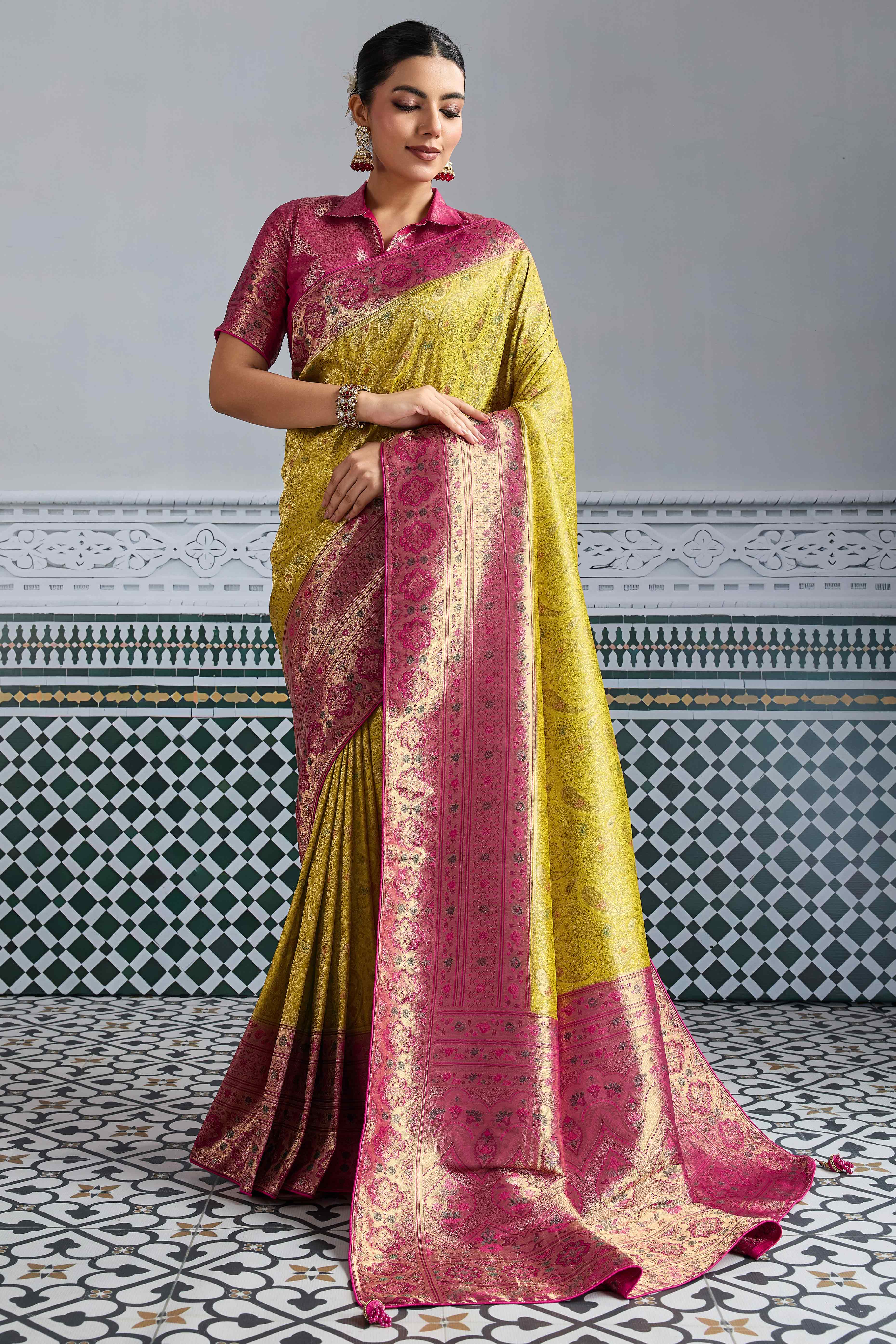 Mustard Meenakari Woven Kanjivaram Silk Saree For Festive Elegance