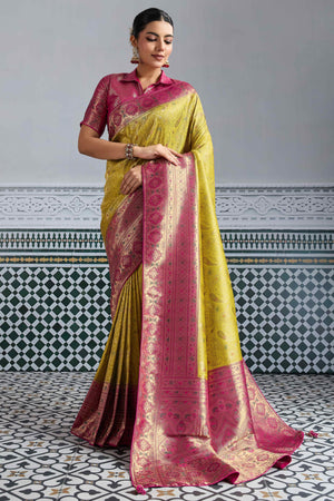 Mustard Meenakari Woven Kanjivaram Silk Saree For Festive Elegance