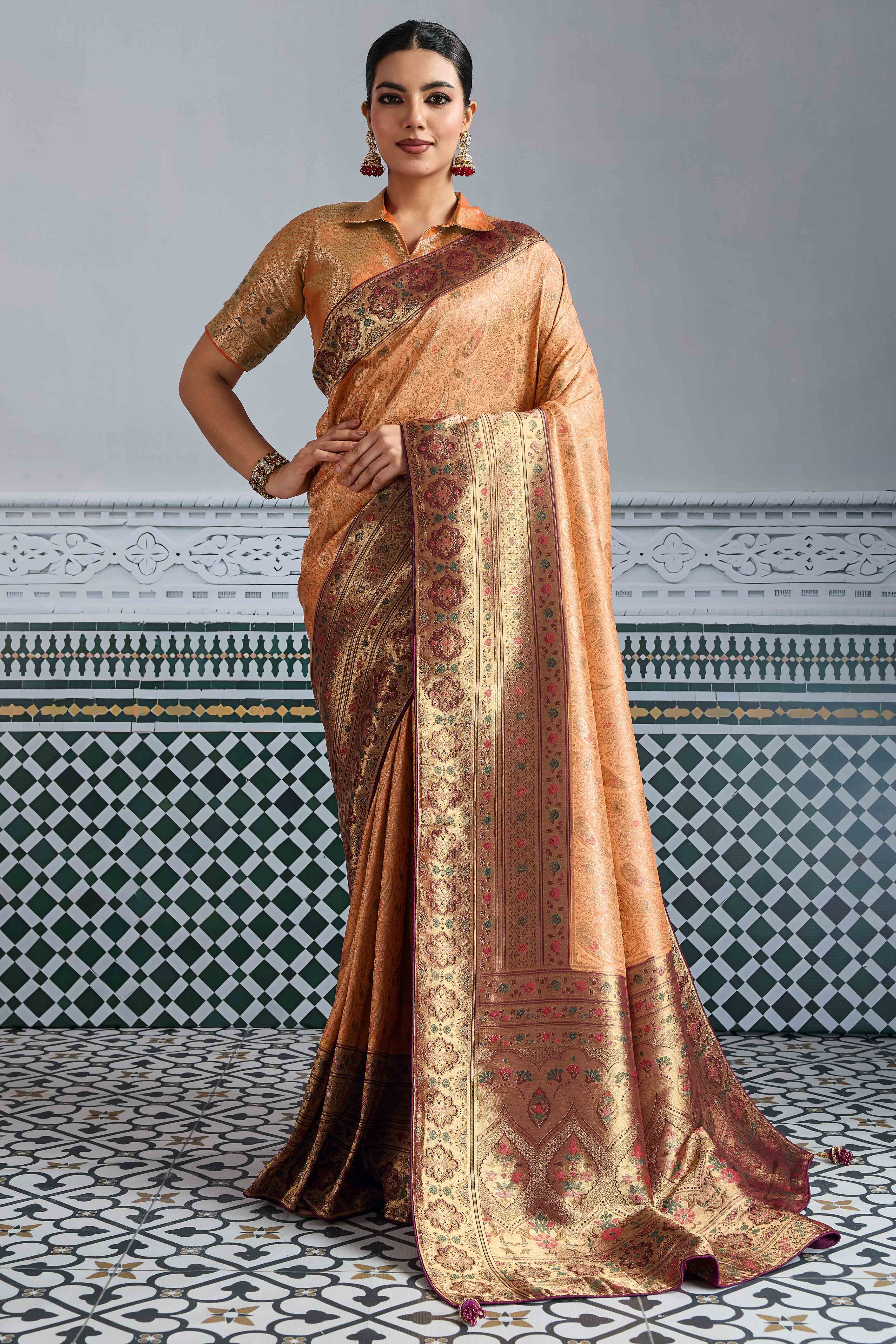Peach Meenakari Woven Kanjivaram Silk Saree For Festive Elegance