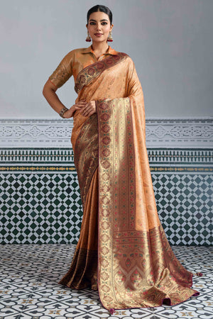 Peach Meenakari Woven Kanjivaram Silk Saree For Festive Elegance