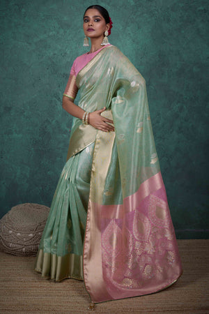 Mint Green Ethnic Cotton Blend Saree with Shimmering Zari Butti Weaves
