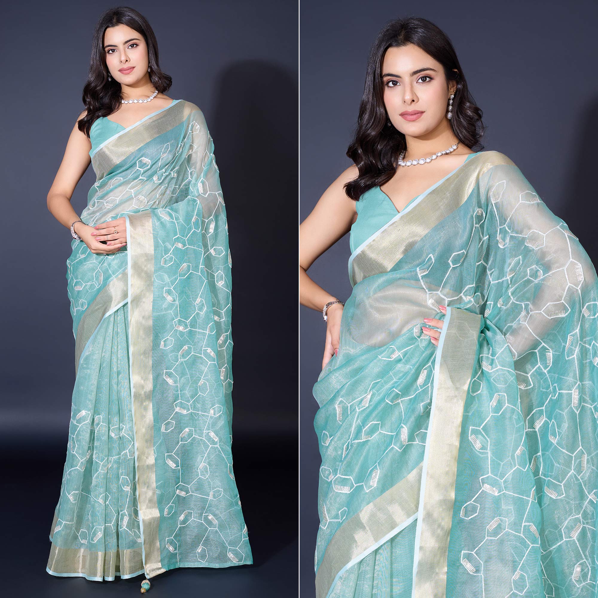 Blue Sequins Embroidered Cotton Silk Saree