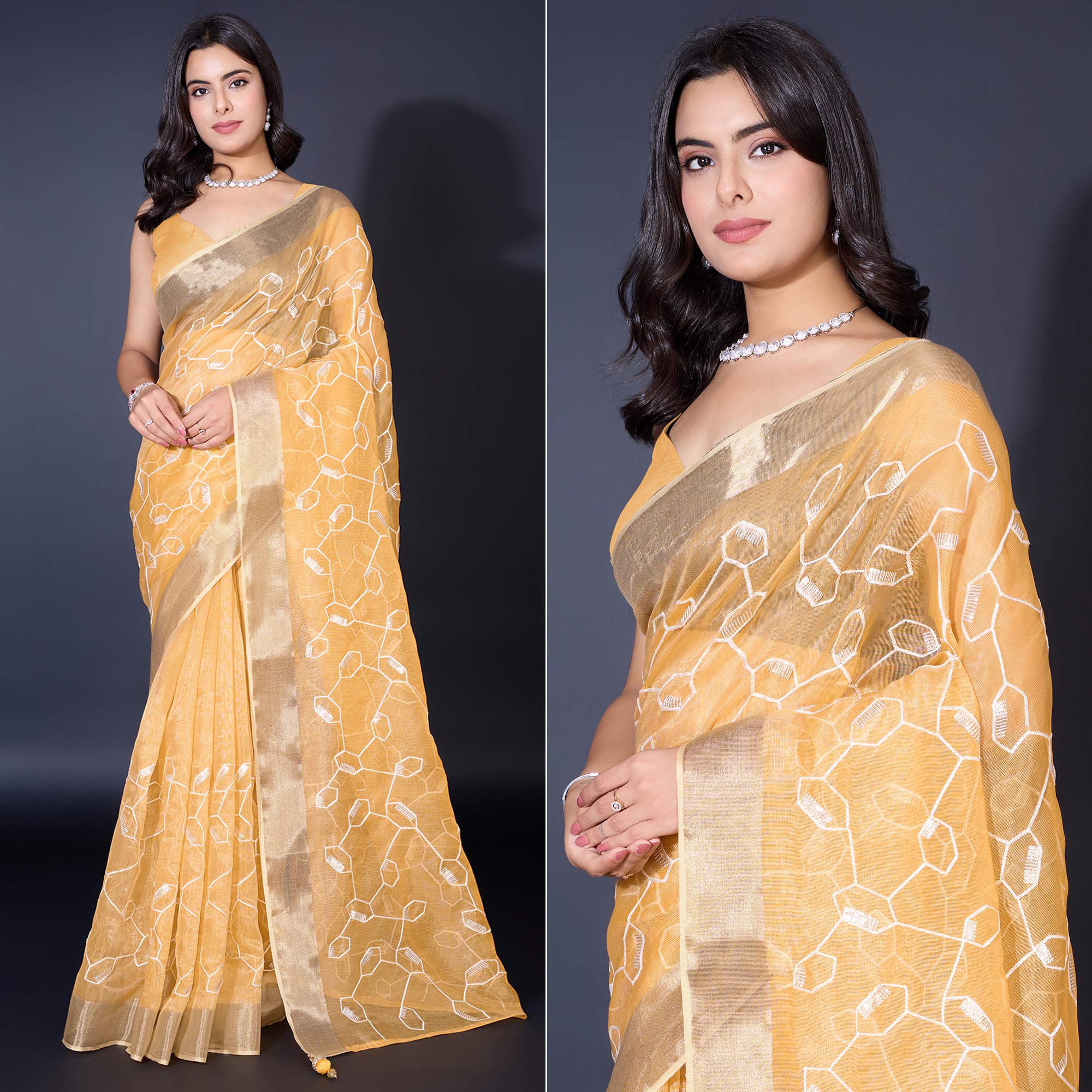 Yellow Sequins Embroidered Cotton Silk Saree