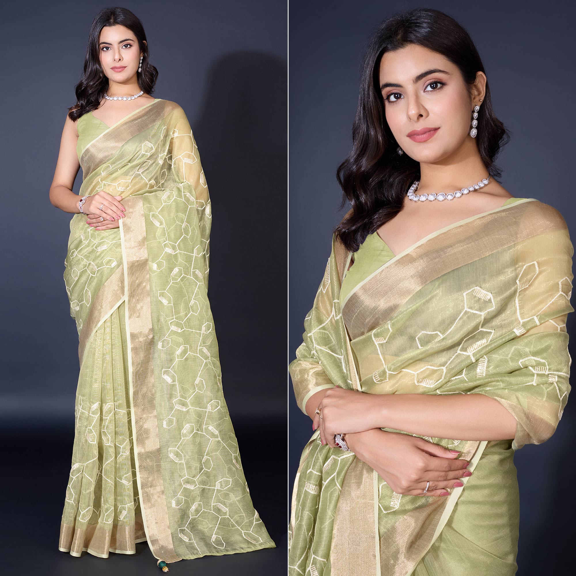 Green Sequins Embroidered Cotton Silk Saree