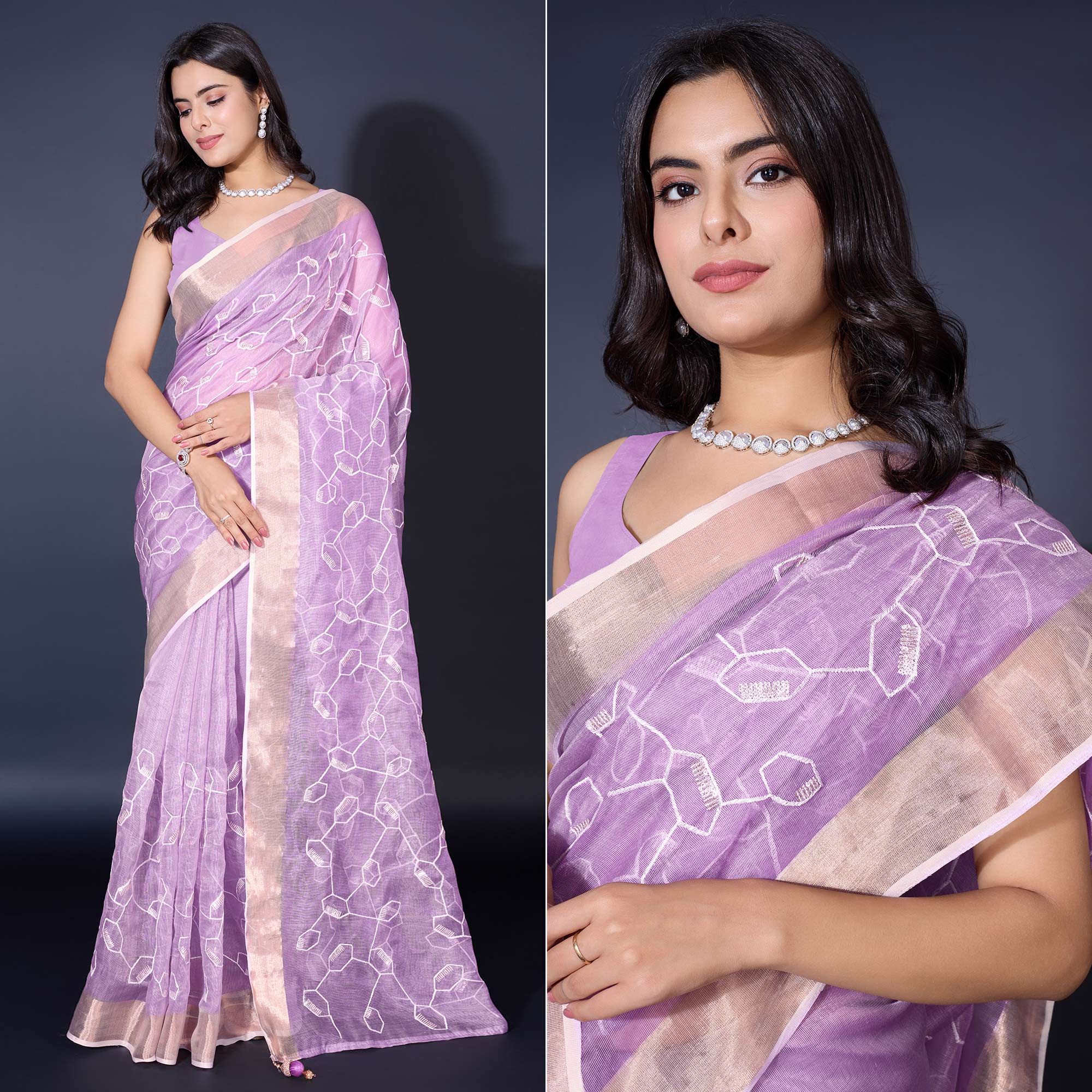 Lavender Sequins Embroidered Cotton Silk Saree