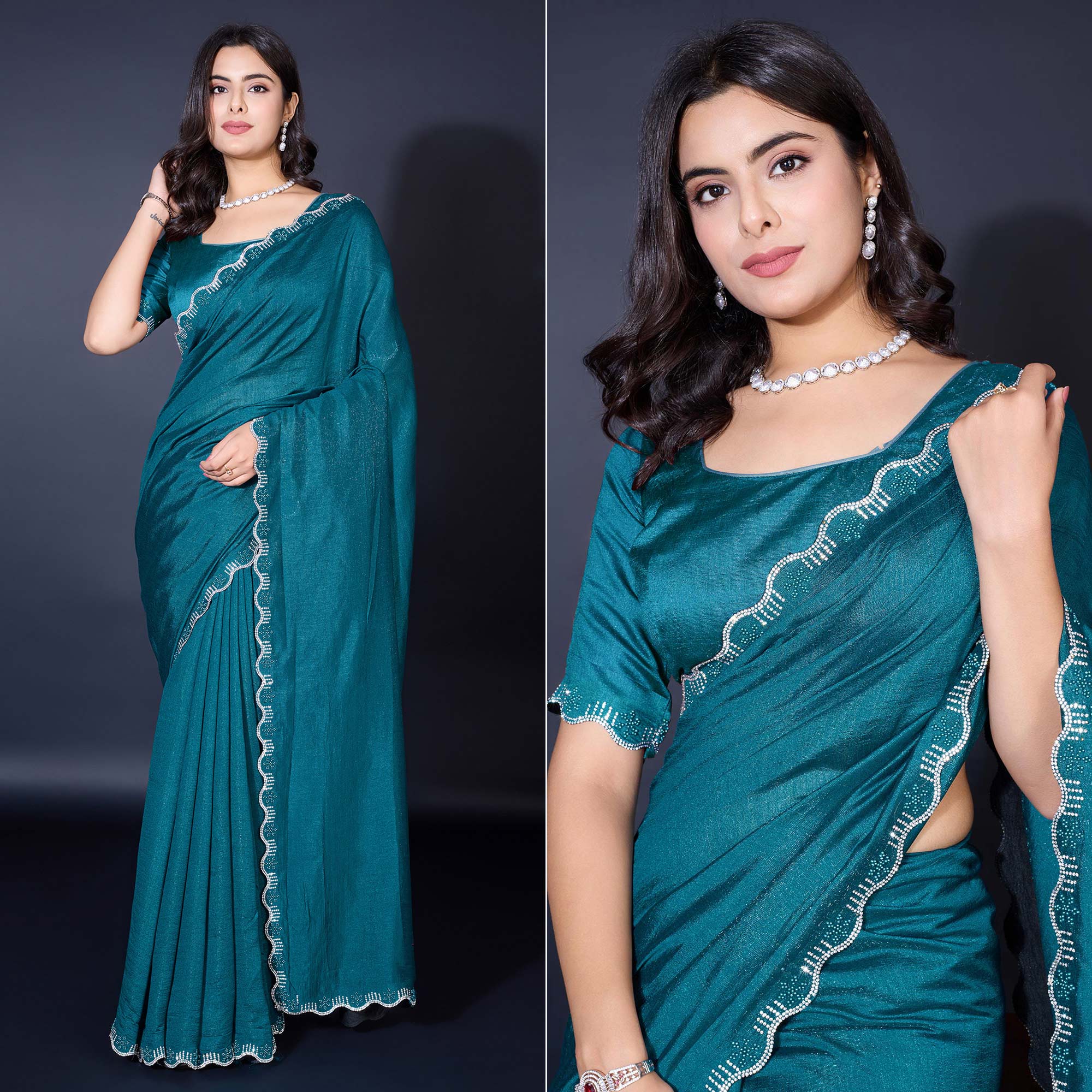 Teal Pearl Work Embroidered Khaadi Saree