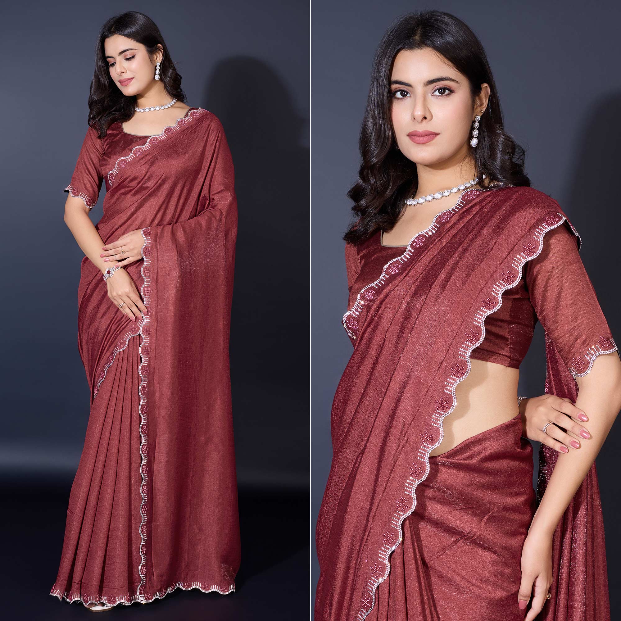 Brown Pearl Work Embroidered Khaadi Saree