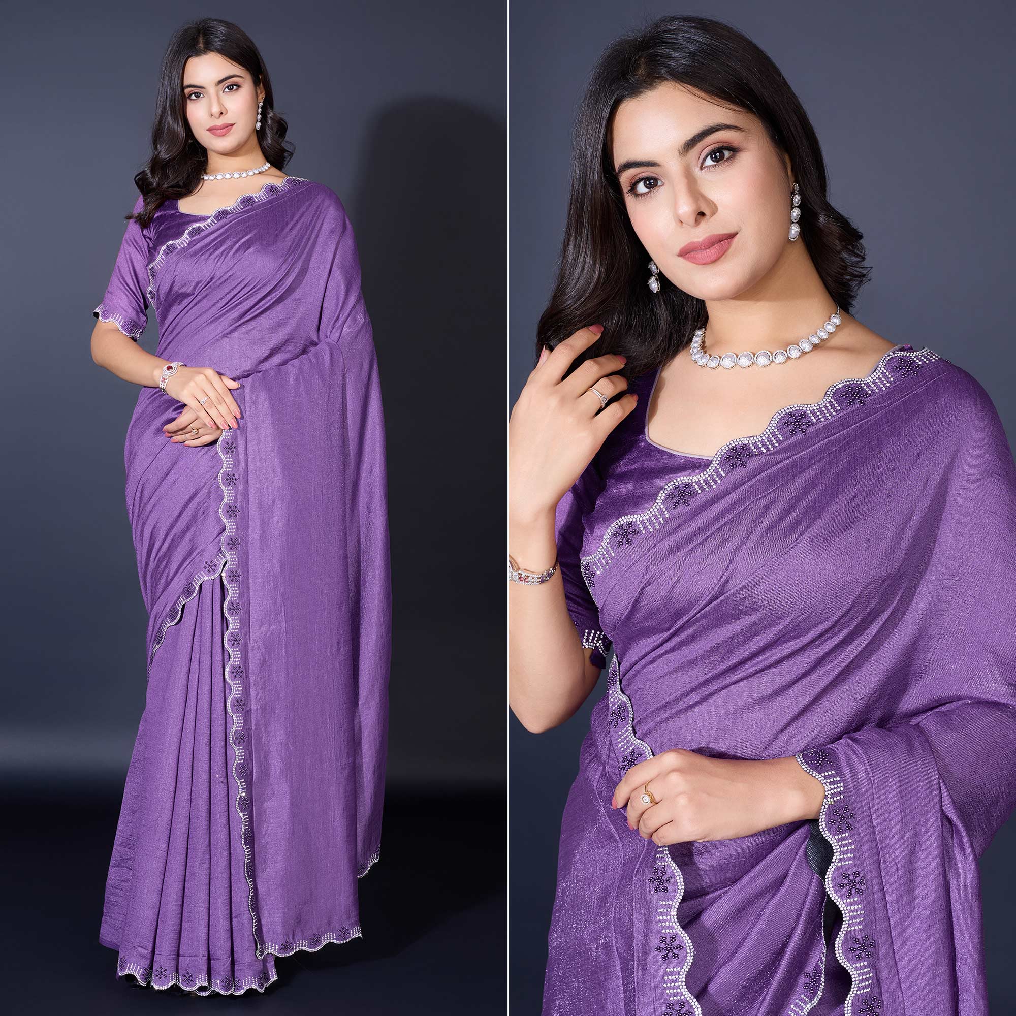 Lavender Pearl Work Embroidered Khaadi Saree