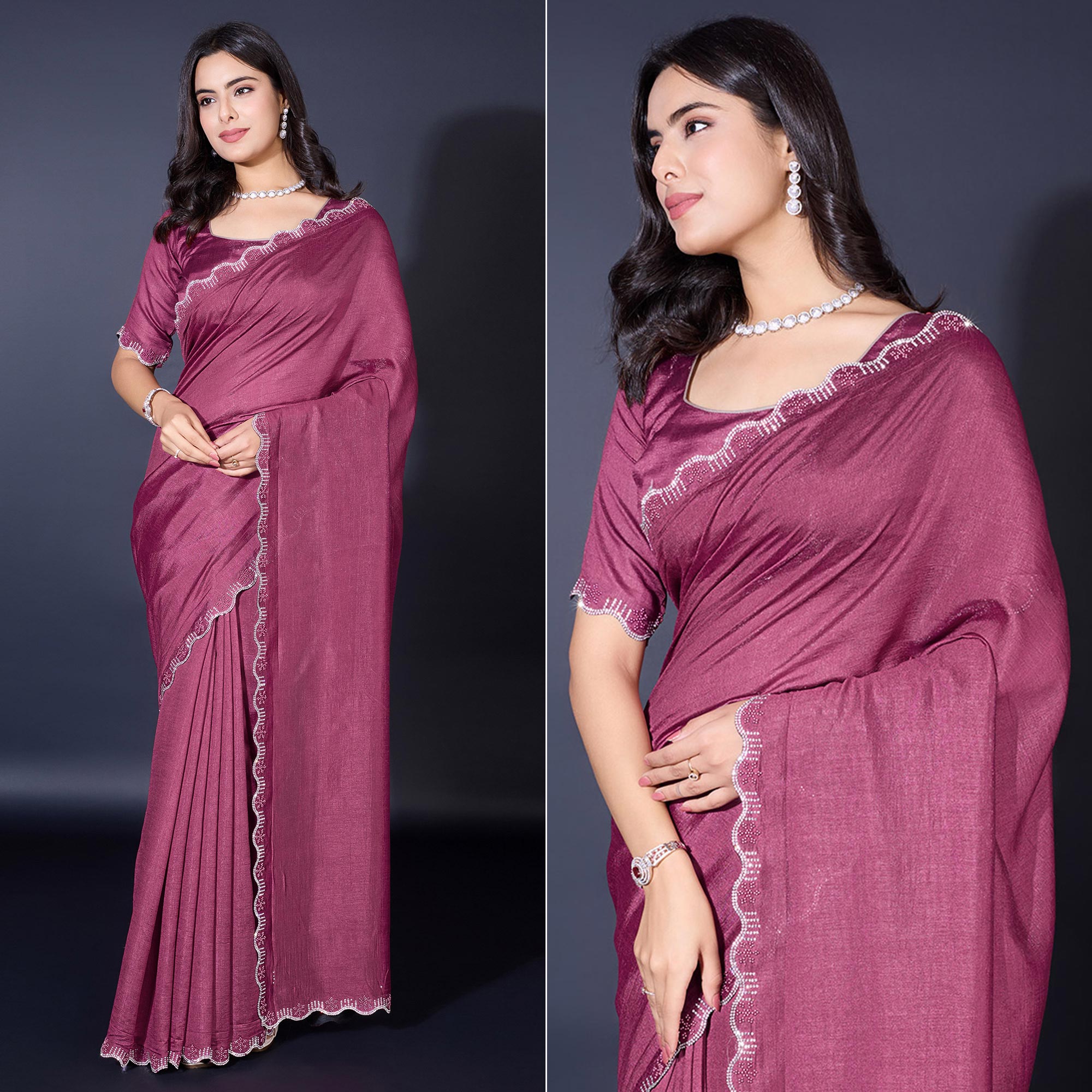 Mauve Pearl Work Embroidered Khaadi Saree